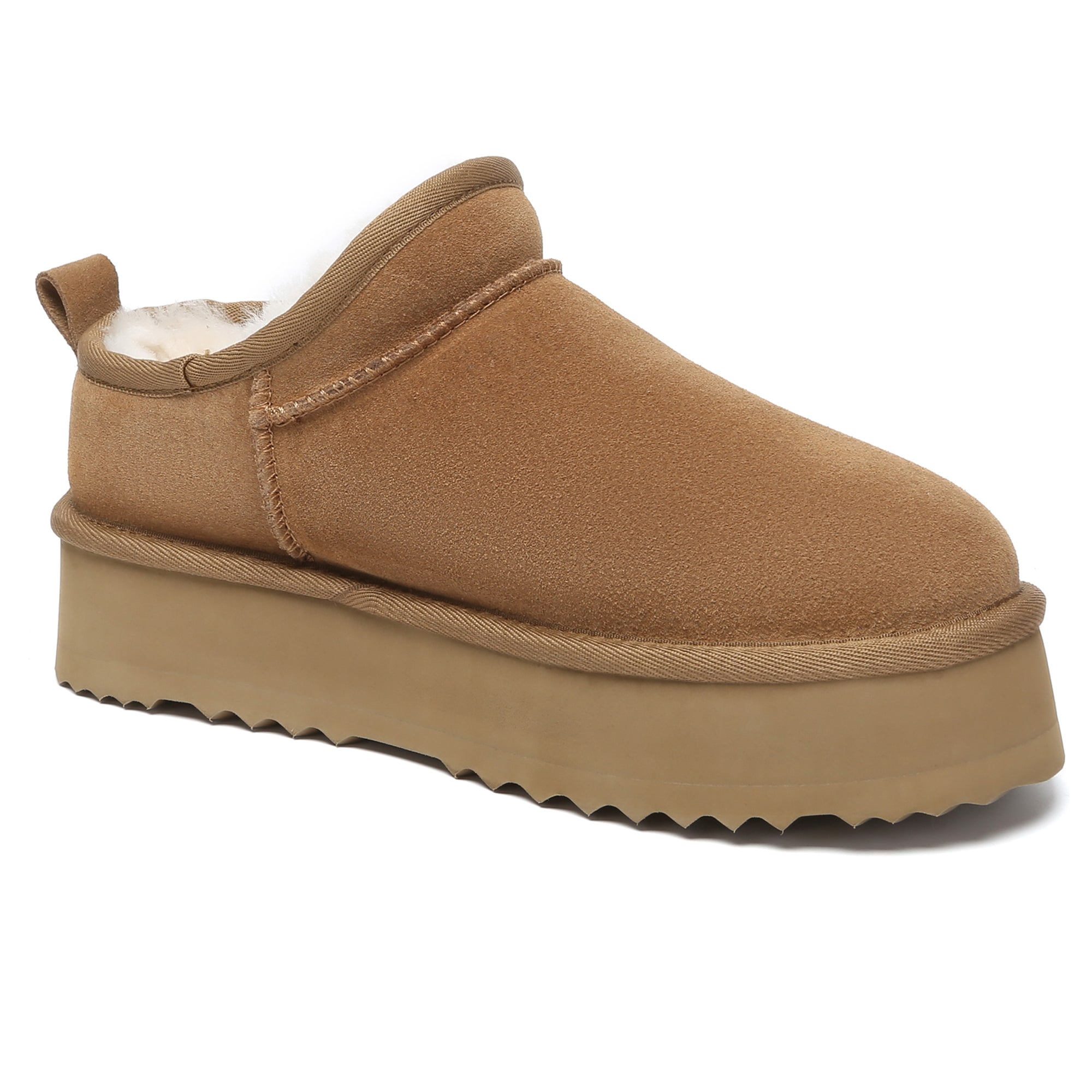 EverUgg Nano Classic ankle UGG platform boots for women, showcasing brown suede exterior and rugged rubber sole.
