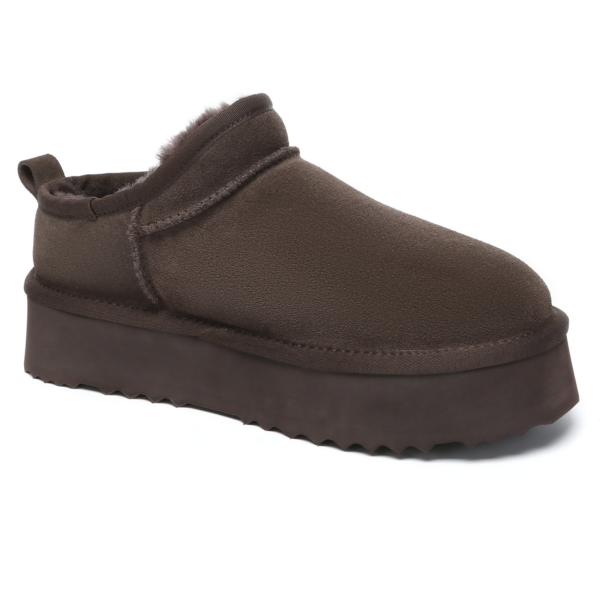 EverUgg Nano Classic Ankle UGG platform boots for women with plush sheepskin lining and tan suede exterior.