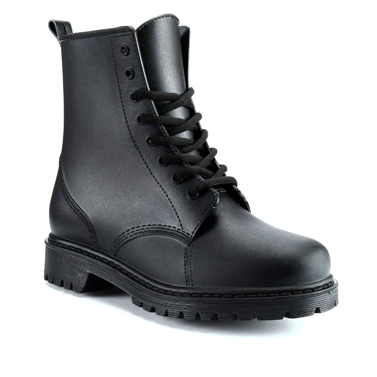 AllSlides Nomad Black waterproof boots shown outdoors, featuring sturdy design and waterproof material for rainy weather.