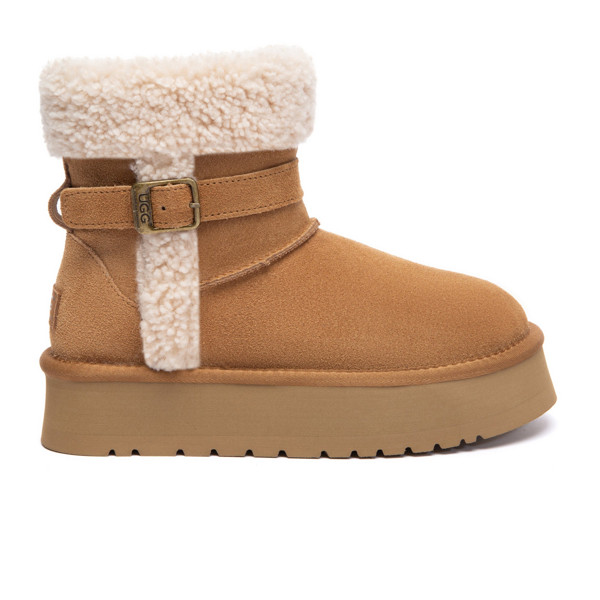 EverUgg Nordic Buckle Strap Mini UGG Boots showing tan leather boots with buckle straps and cozy shearling lining.
