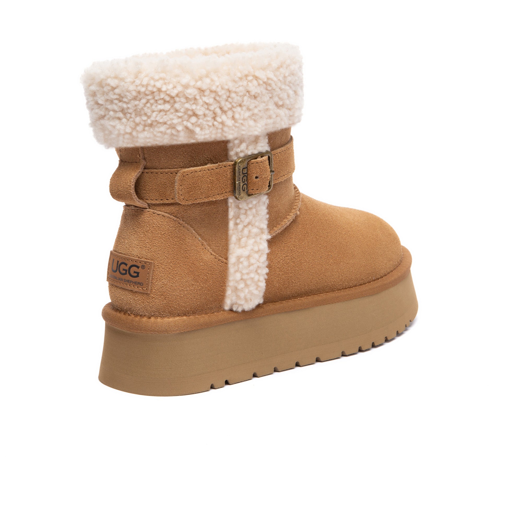 EverUgg Nordic Buckle Strap Mini UGG Boots showing the stylish boots with buckle strap detail and cozy design.