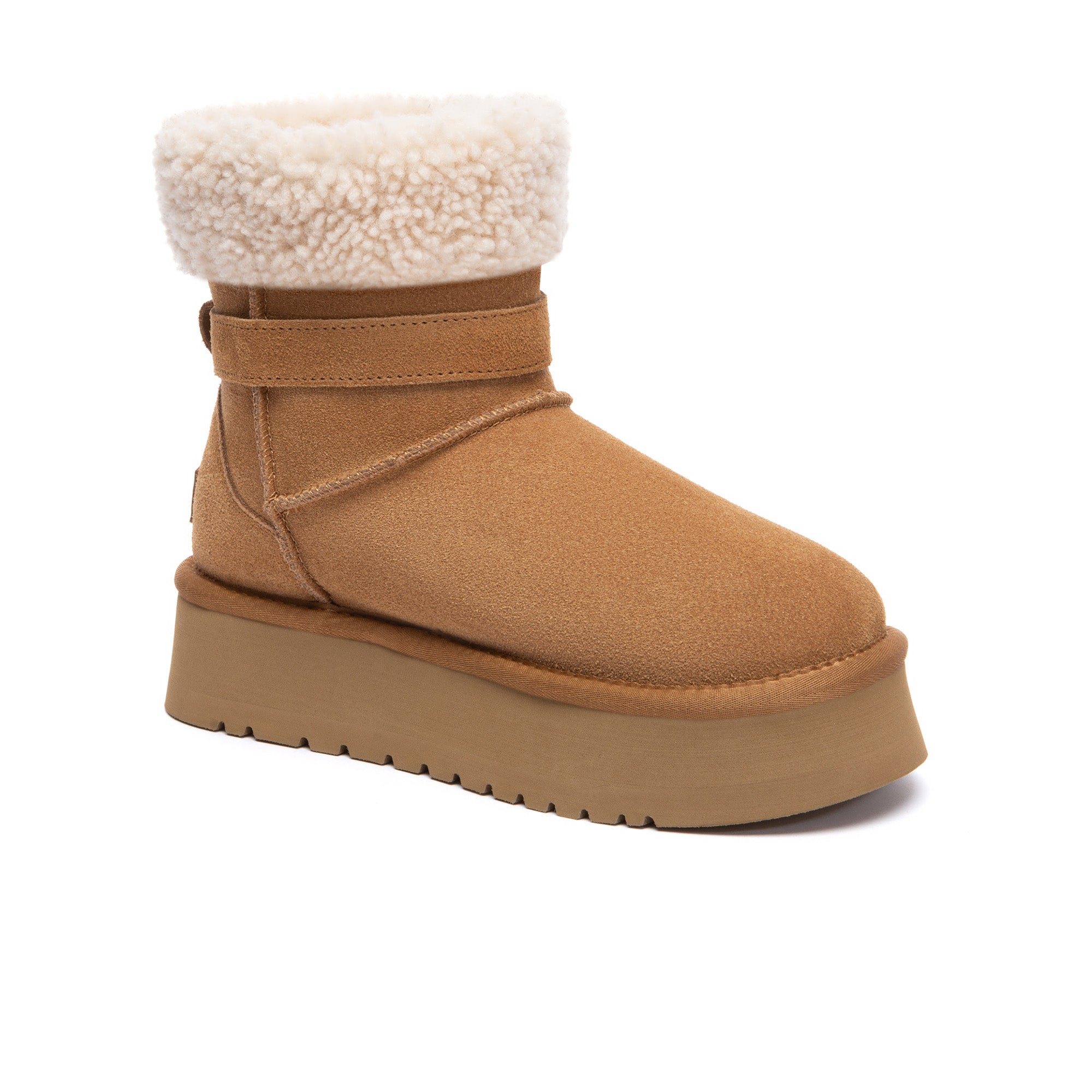 EverUgg Nordic Buckle Strap Mini UGG Boots with decorative buckle and leather straps, showing the cozy, stylish footwear design.