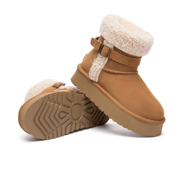 EverUgg Nordic Buckle Strap Mini UGG Boots with decorative buckles and cozy shearling lining, ideal for cold weather footwear.