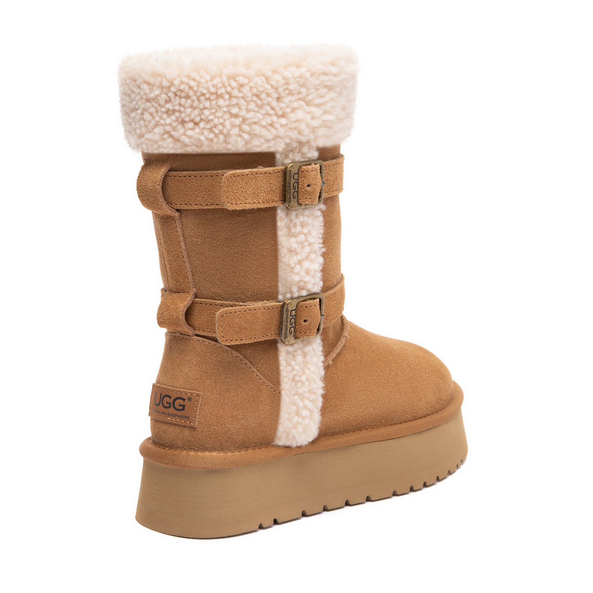 EverUgg Nordic Buckle Strap Short Platform Boots showing buckle straps and platform soles, stylish winter footwear.