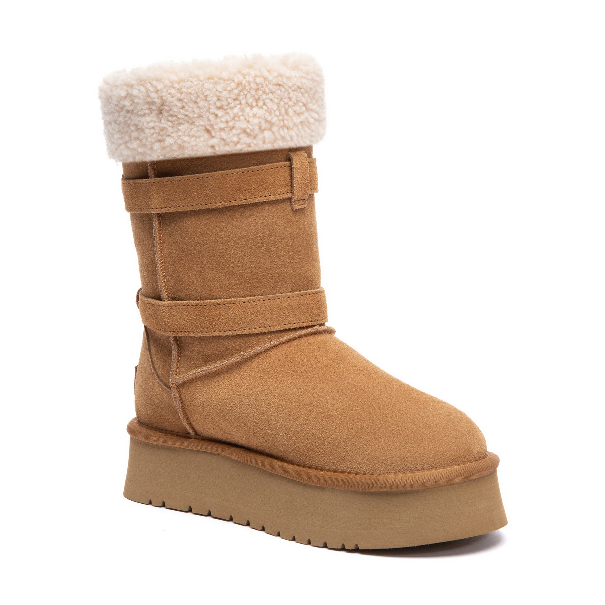 EverUgg Nordic Buckle Strap Short Platform Boots featuring adjustable buckle straps and a chunky platform sole.