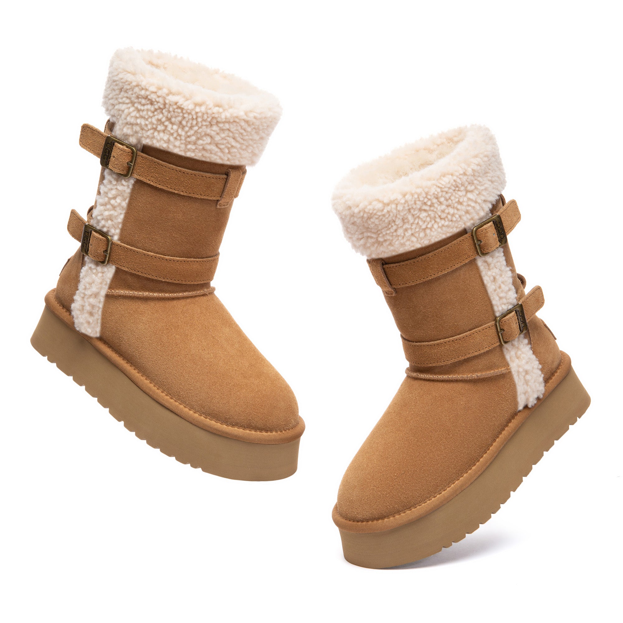 EverUgg Nordic Buckle Strap Short Platform Boots with buckle details and chunky soles, stylish for winter wear.