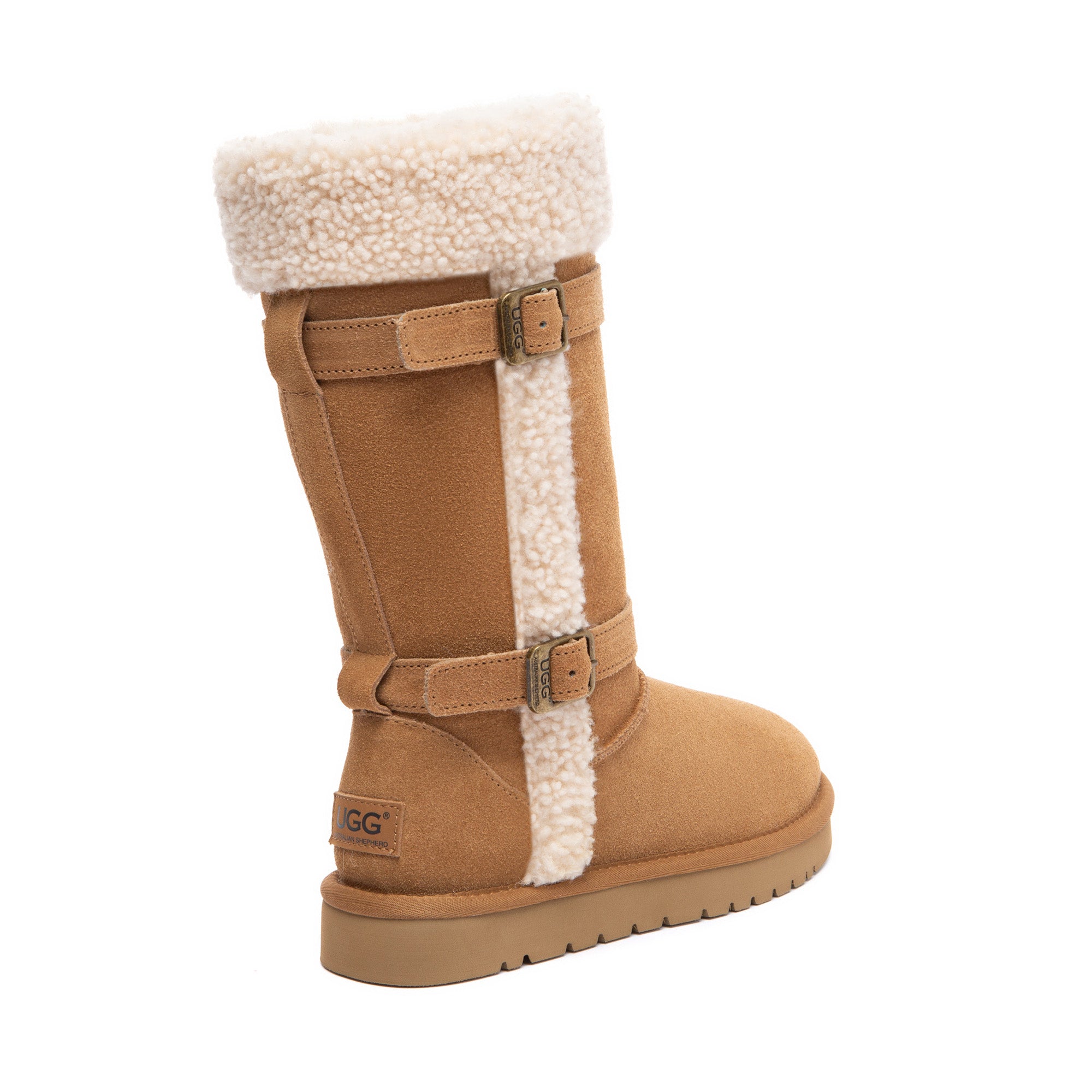 EverUgg Nordic buckle strap tall UGG boots with decorative buckles and cozy fur lining, stylish winter footwear.