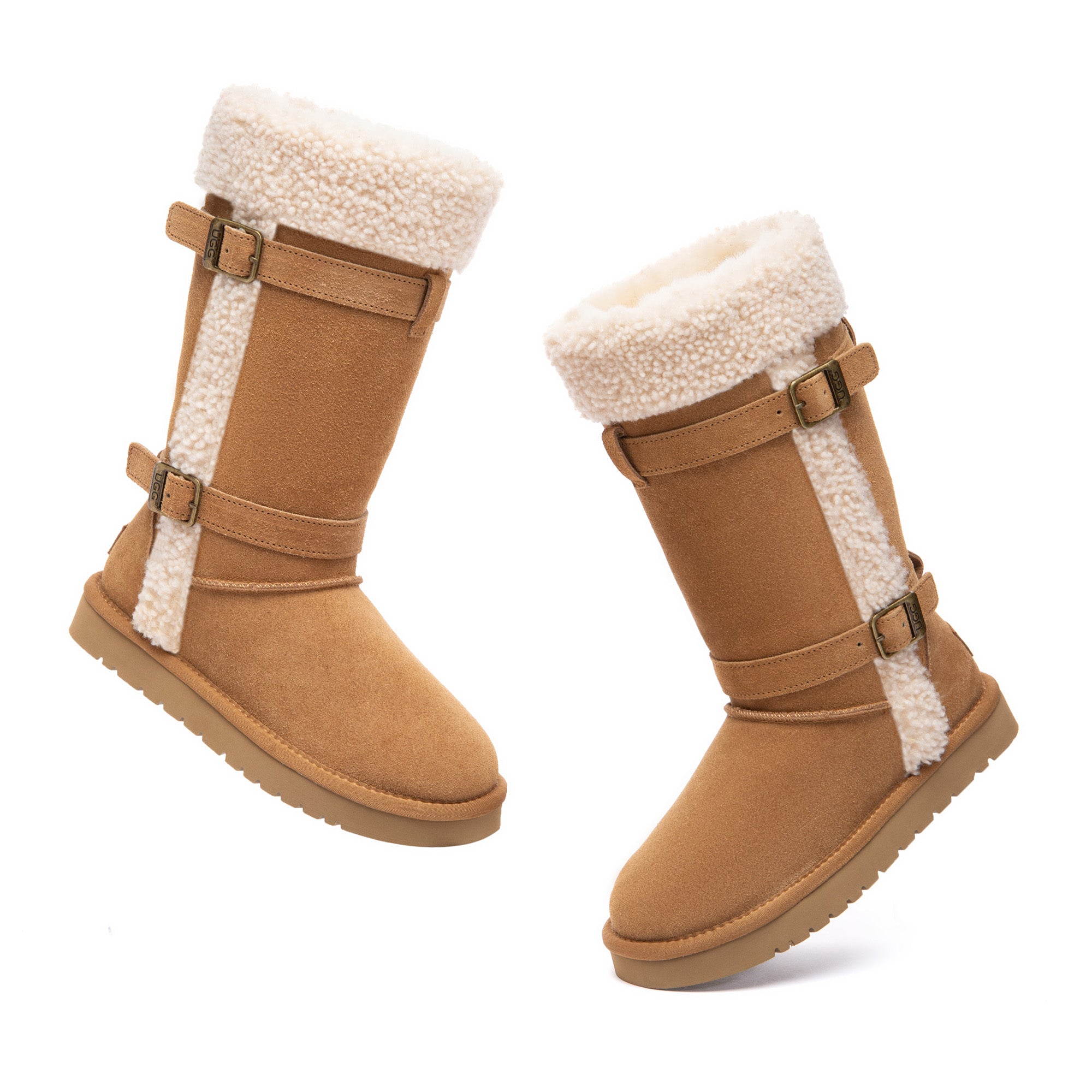 EverUgg Nordic Buckle Strap Tall Boots with decorative buckles and strap details, ankle-high design in brown leather.