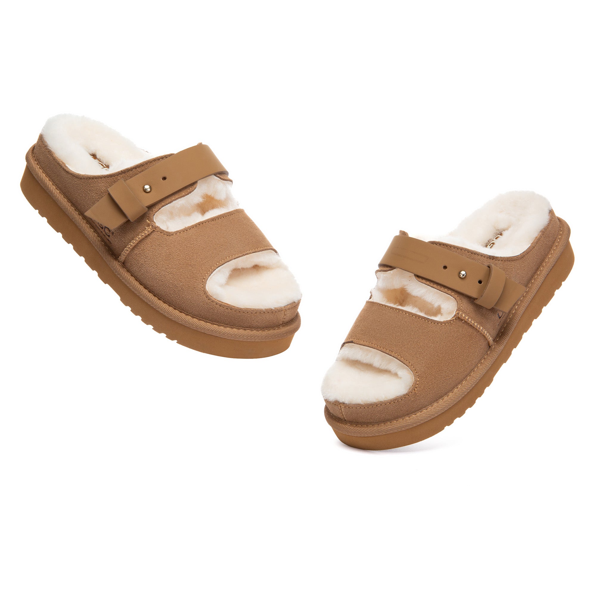 Open-toe EverUgg slide slippers with adjustable straps, featuring soft cushioning and casual slip-on design for comfort.