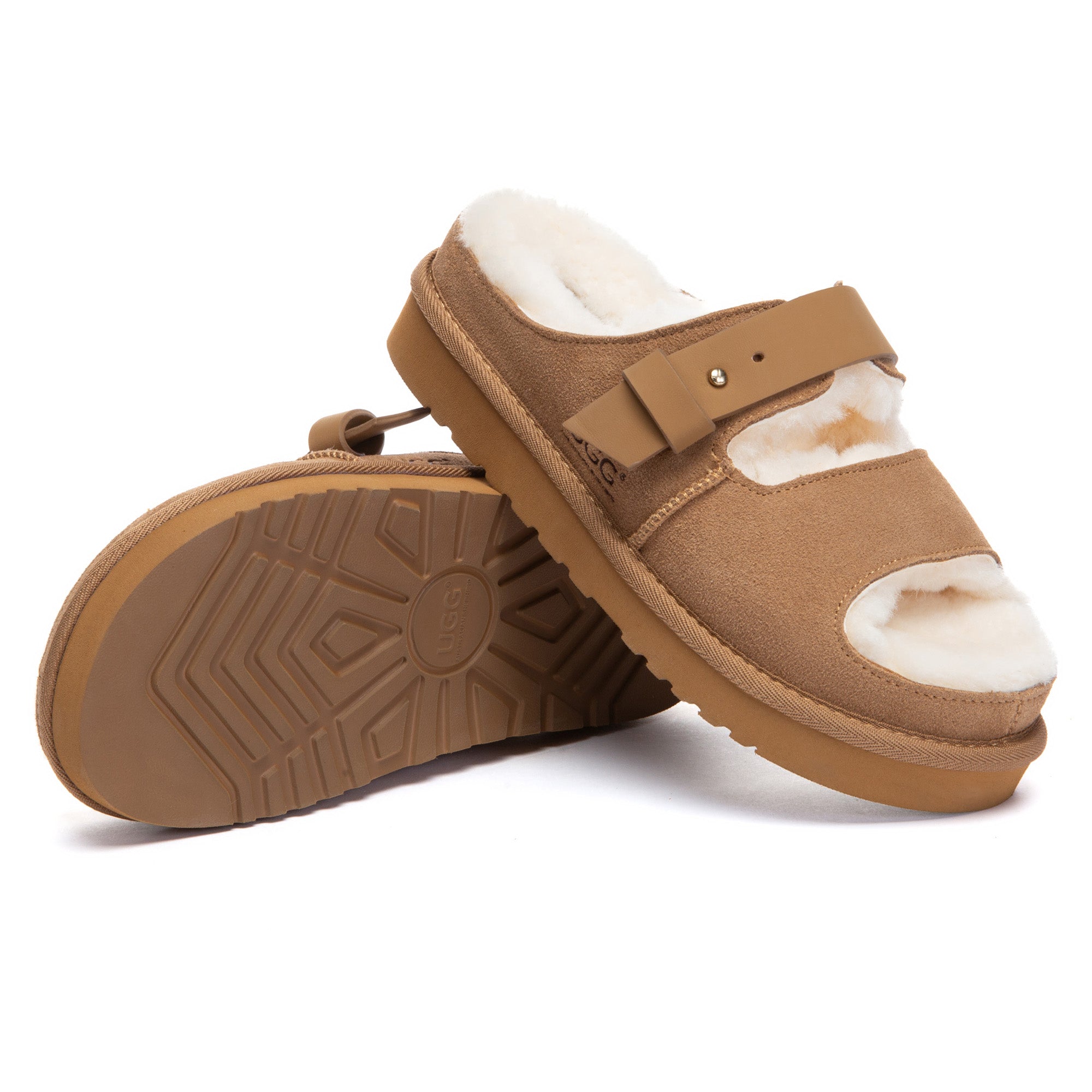 Open-toe EverUgg slides with adjustable straps and plush slippers design, showing the stylish and comfortable footwear on a neutral background.