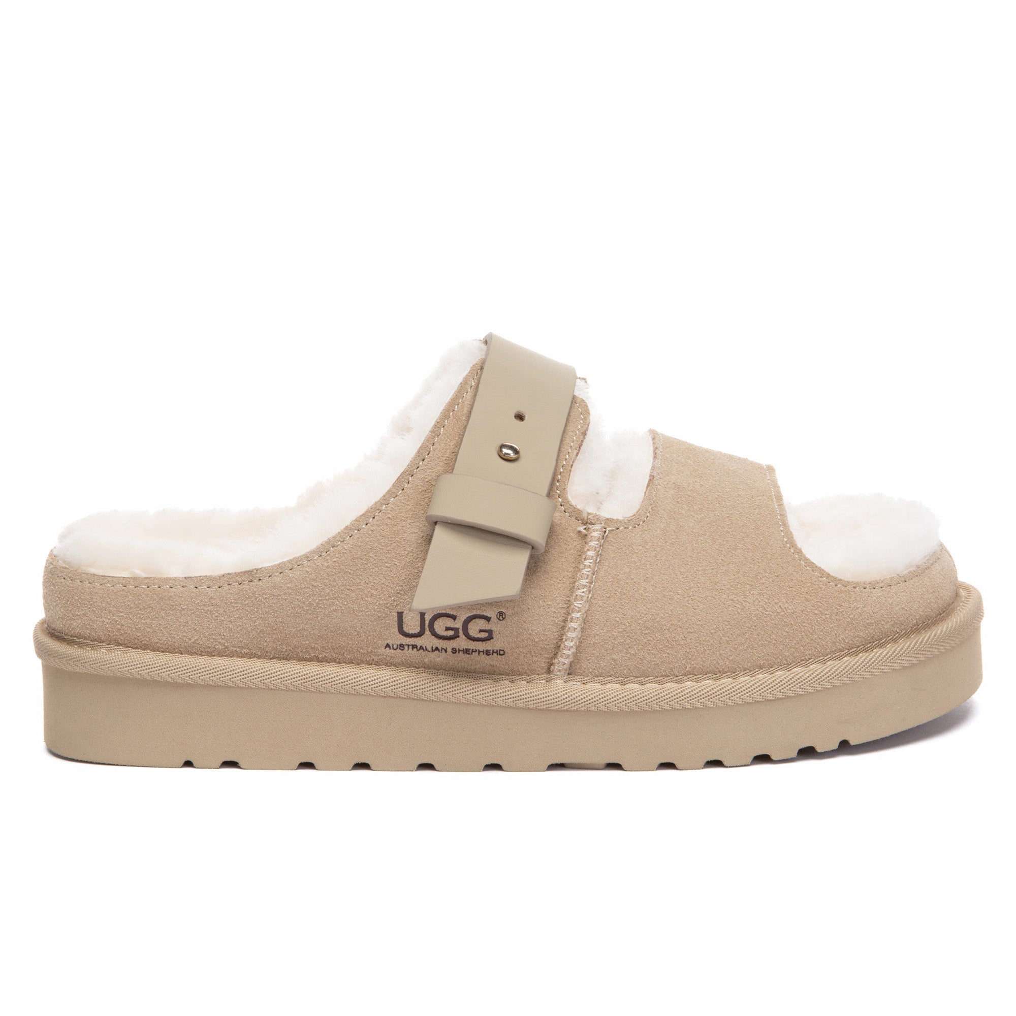 EverUgg open-toe adjustable strap slides showing soft plush slippers with supportive straps and a casual slip-on design.