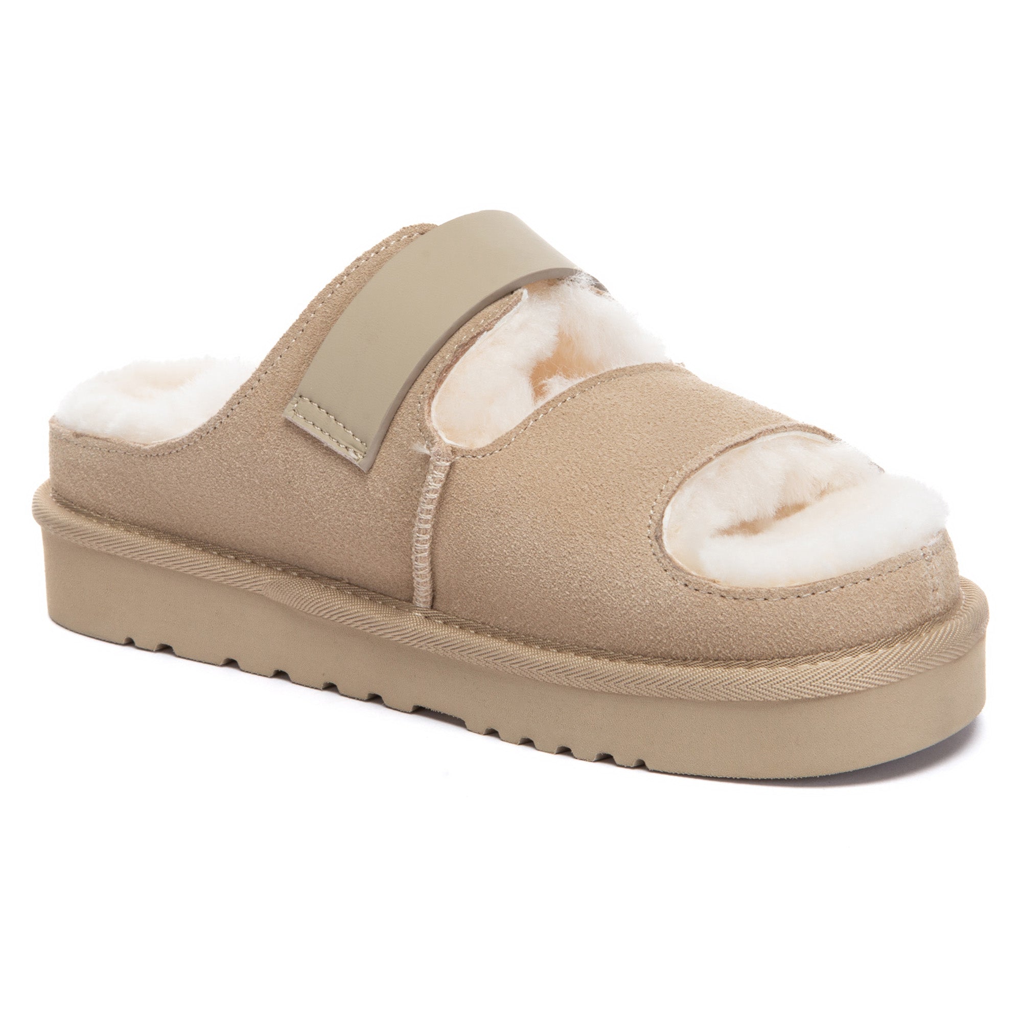 EverUgg open-toe slide slippers with adjustable straps, showcasing comfortable UGG-branded slip-on footwear.