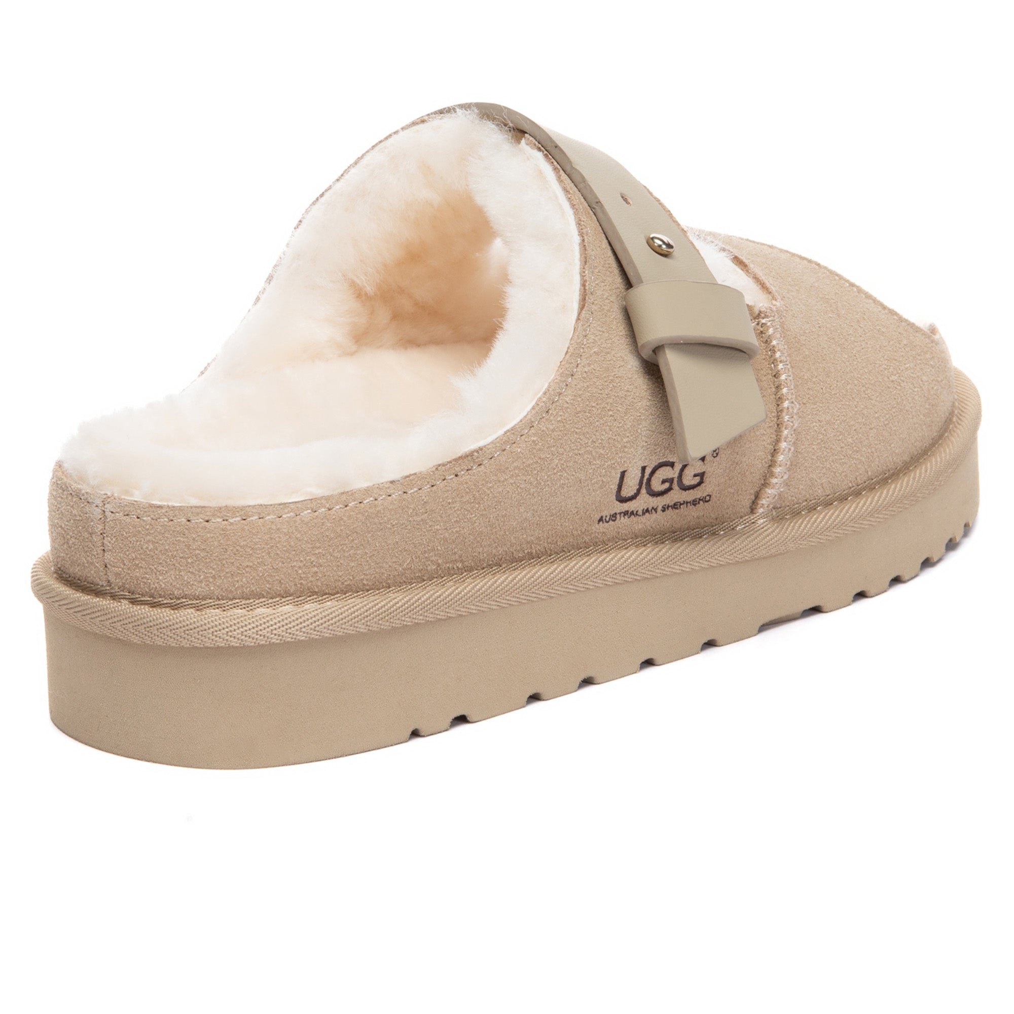 EverUgg open-toe slide slippers with adjustable straps, featuring comfortable UGG-style slip-on design and casual footwear style.
