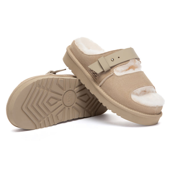 EverUgg open-toe slide slippers with adjustable straps, featuring a comfortable design and soft materials for casual wear.