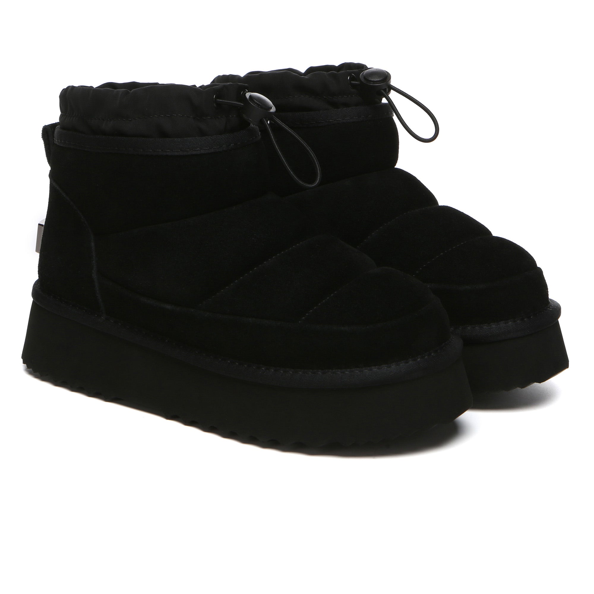 EverUgg Picken adjustable mini platform UGG boots for women, showing the stylish black leather shoes with buckle accents.