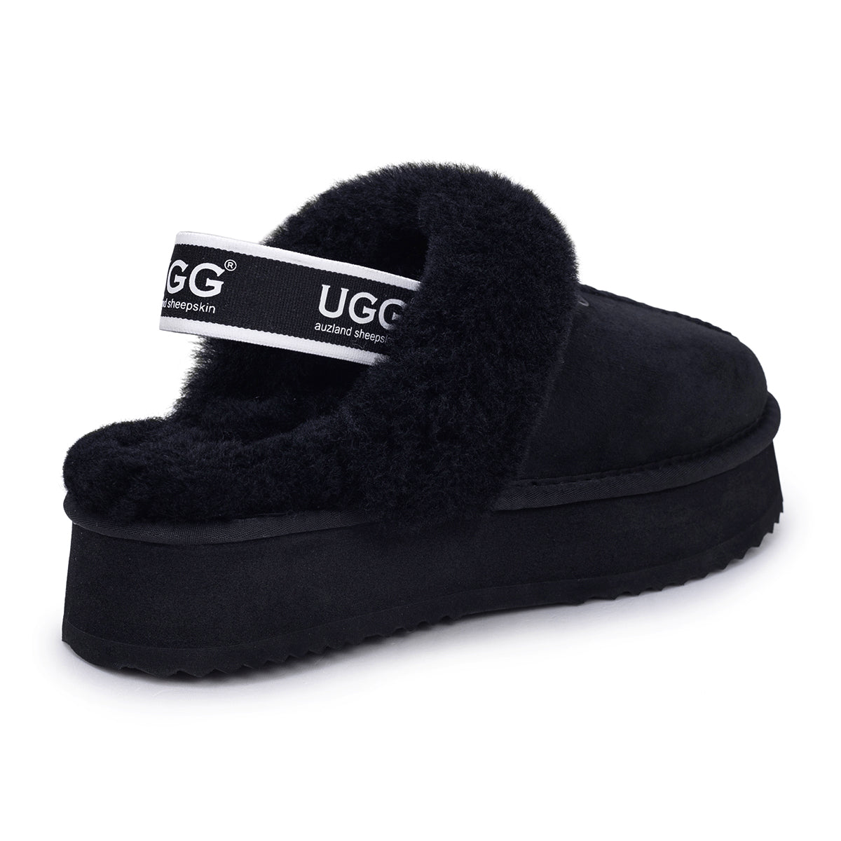 Black UGG slippers with platform strap and cozy design, featuring the Auzland brand logo visible on the slipper.