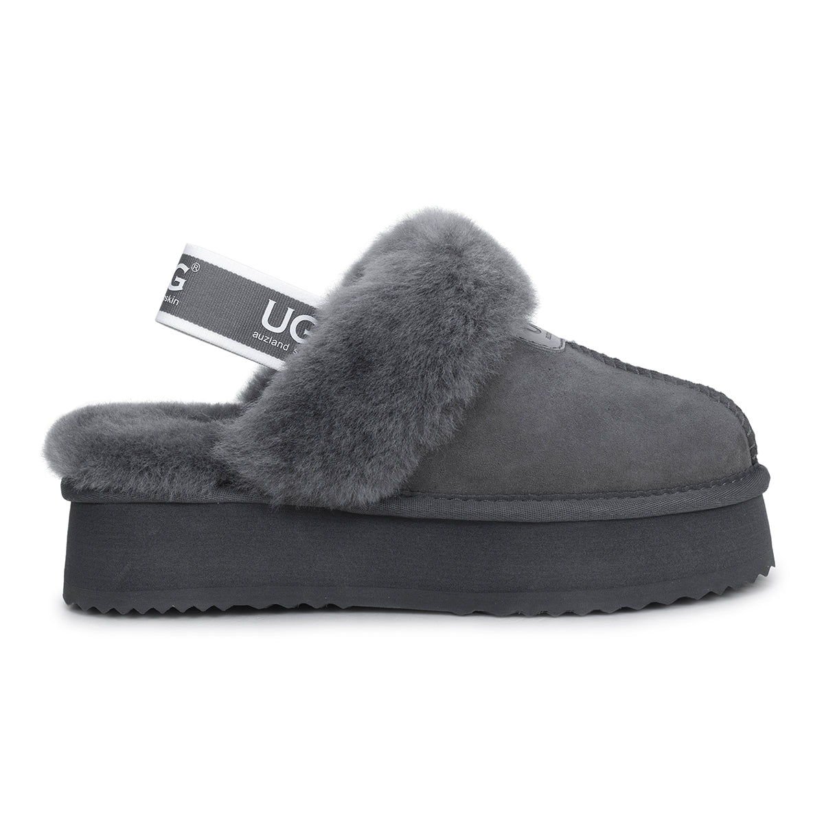 A pair of grey UGG slippers with platform straps from Auzland, featuring comfortable slip-on design and cozy interior.