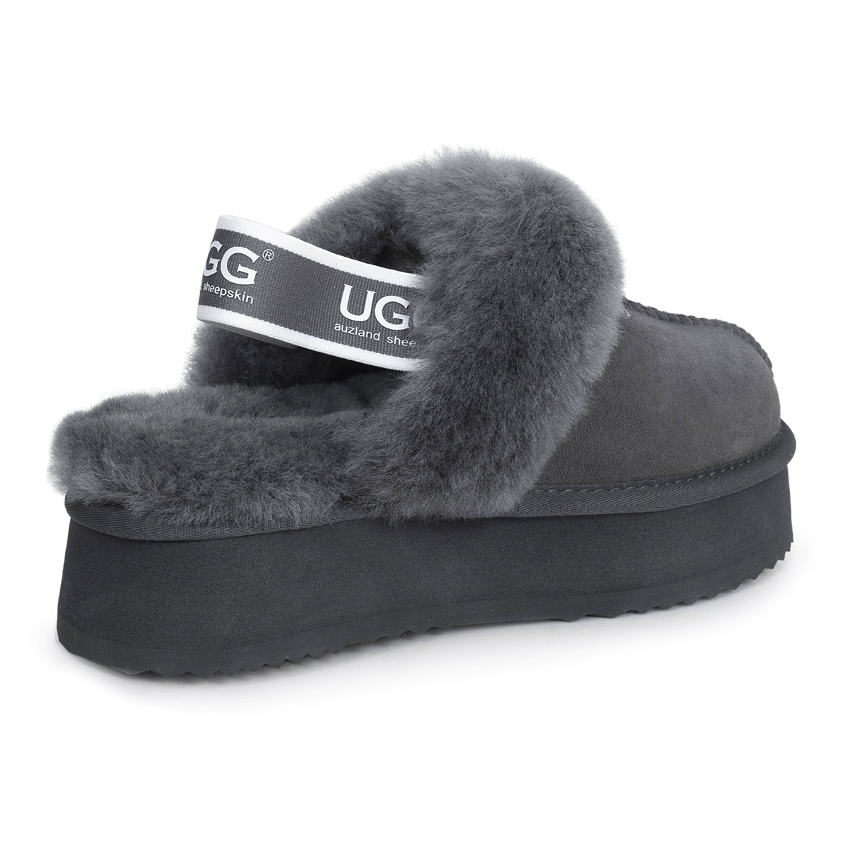Grey UGG slippers with platform strap by Auzland, featuring comfortable slip-on design and cozy interior.