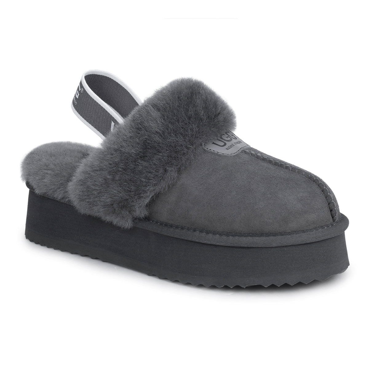 Grey UGG slippers with platform strap and cozy design by Auzland, featuring soft material and casual slip-on style.