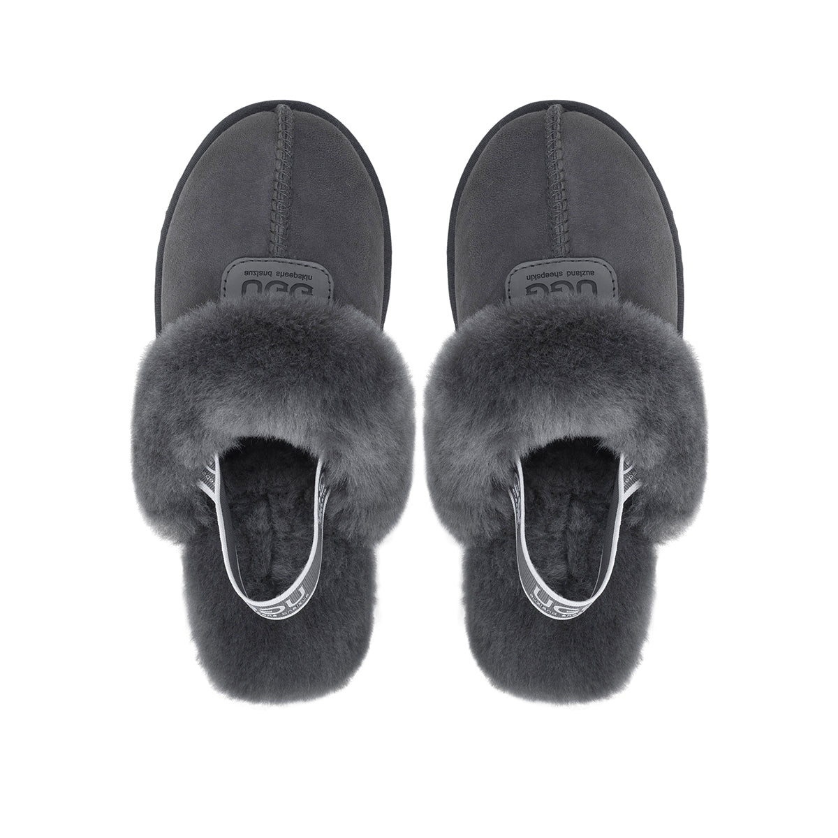 A pair of grey UGG slippers with platform straps by Auzland, featuring a cozy slip-on design and soft interior for comfort.