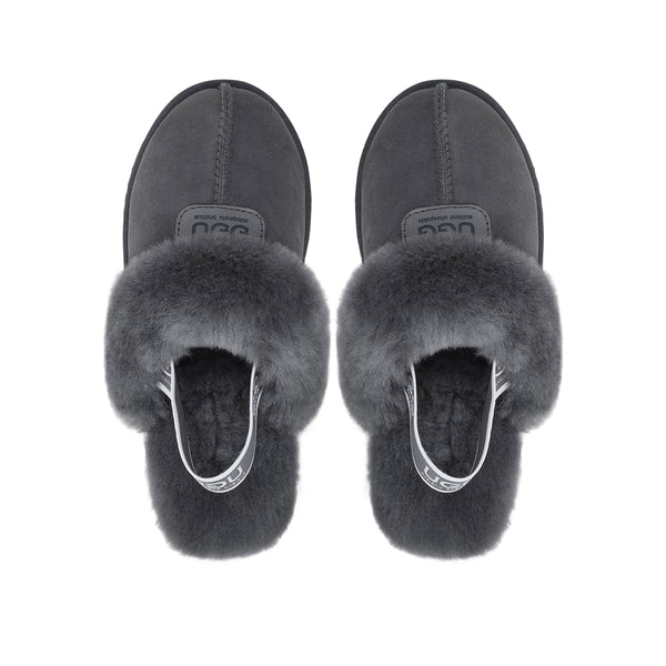 A pair of grey UGG slippers with platform straps by Auzland, featuring a cozy slip-on design and soft interior for comfort.