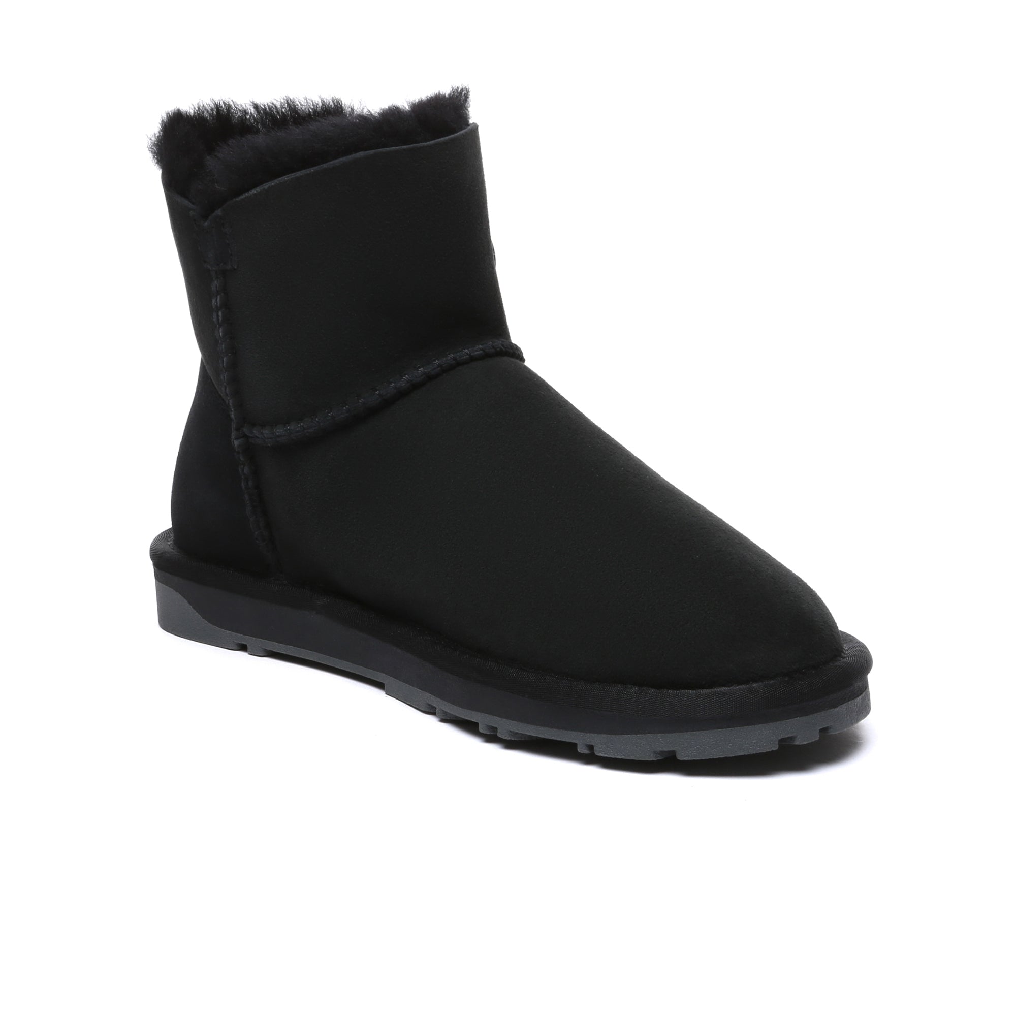 Close-up of EverUgg Premium Mini Button Classic Sheepskin UGG Boots for women, showcasing the soft sheepskin and stylish design.