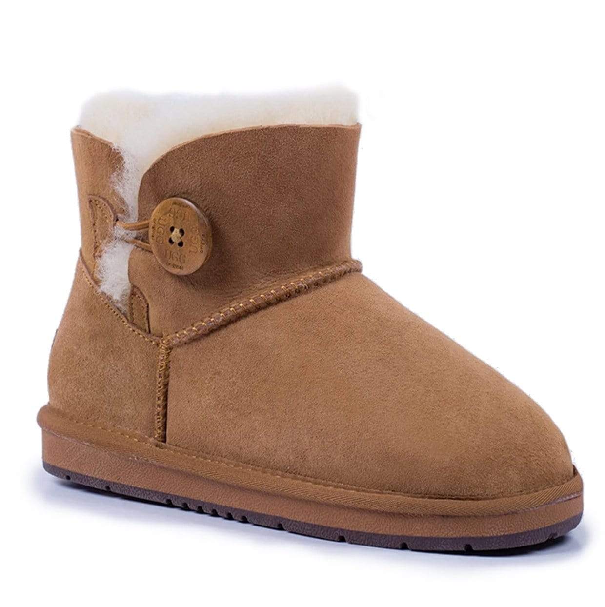 A pair of Auzland Premium Mini Button UGG Boots for women in chestnut color with classic button design, cozy and stylish footwear.