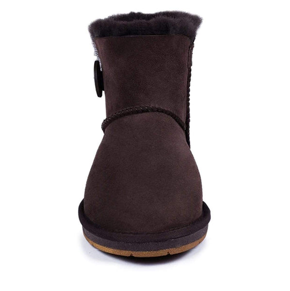 A pair of Auzland Premium Mini Button UGG Boots for women, featuring classic sheepskin style with button accents.
