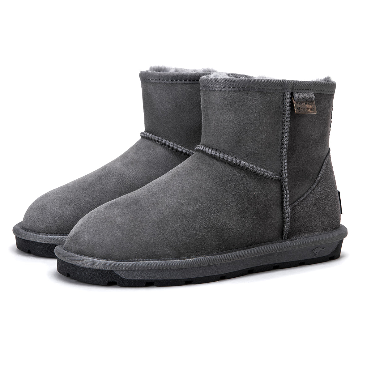 Grey Auzland premium mini classic Australian-made UGG boots for women, showcasing cozy sheepskin lining and stylish ankle height.