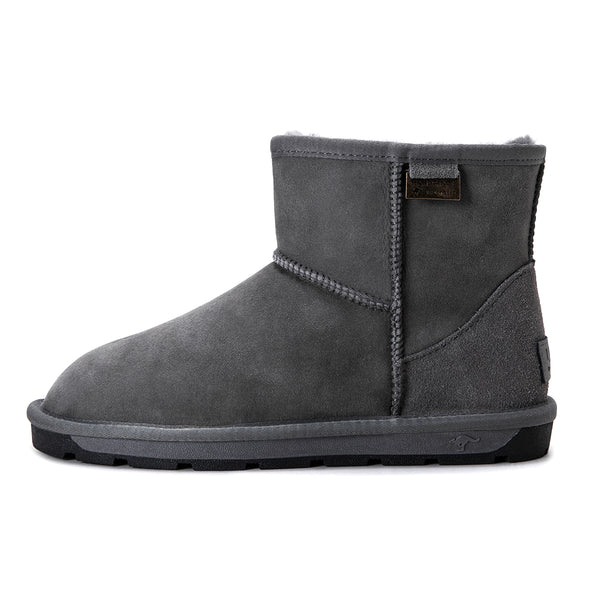 Grey Auzland Mini Classic Australian Made UGG Boots for women, showcasing cozy shearling lining and soft suede exterior.