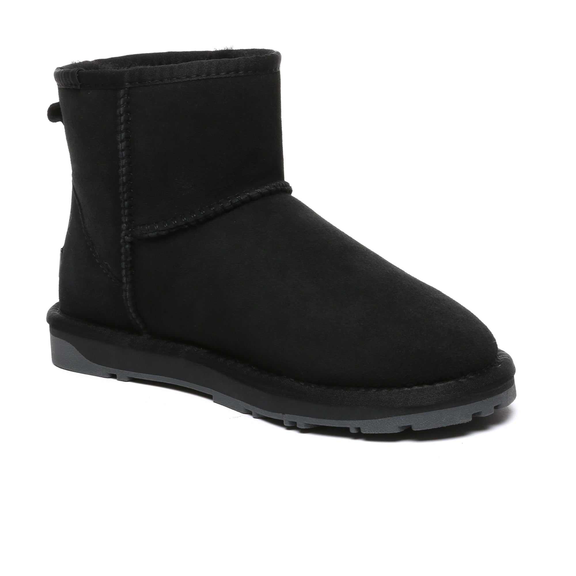 EverUgg premium mini classic sheepskin UGG boots for women, showing the cozy interior and sleek black exterior.