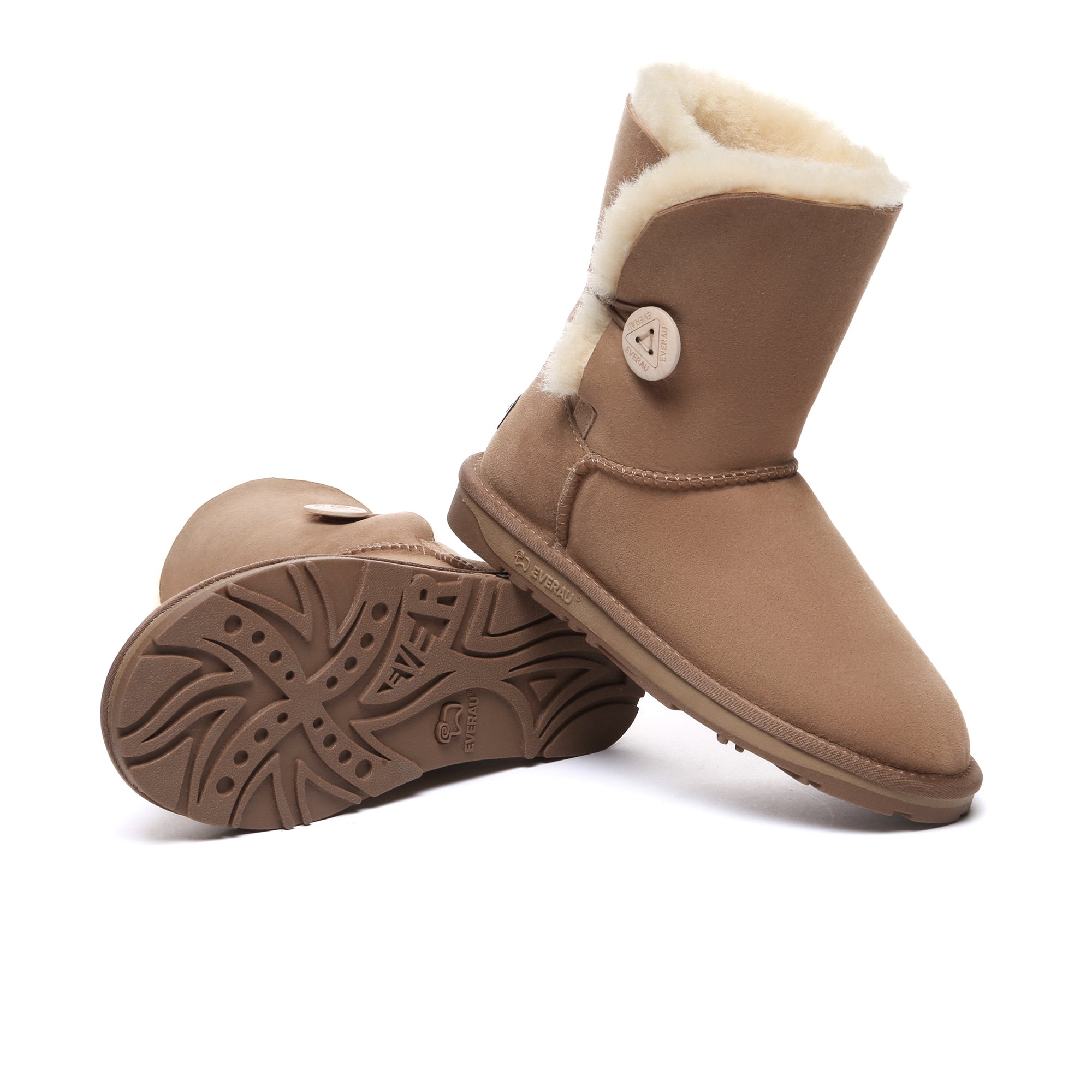 EverUgg premium short classic sheepskin UGG boots for women, featuring button details and soft, warm interior.
