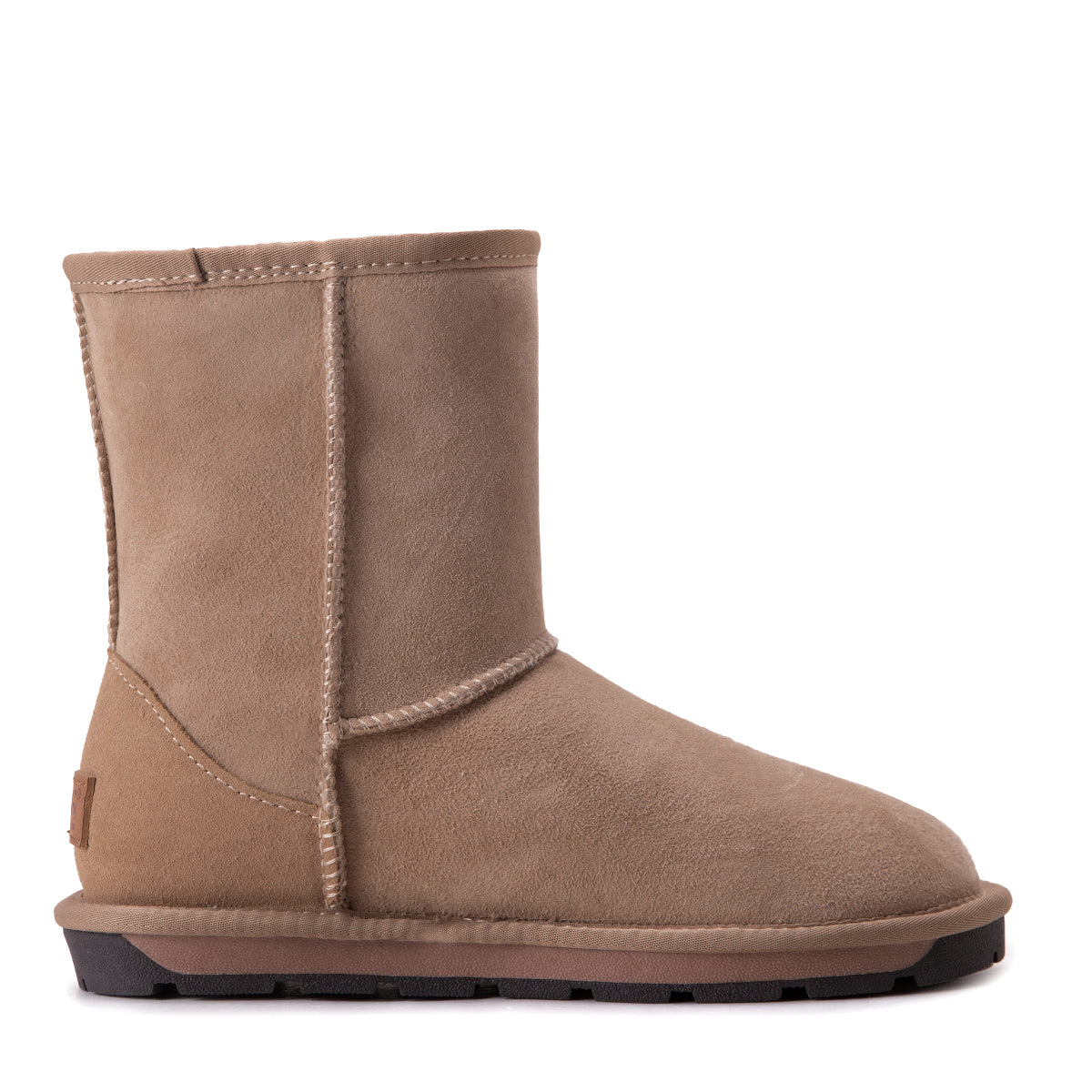A pair of Auzland Premium Short Classic Australian Made UGG Boots for women in sand color, featuring cozy sheepskin lining and suede exterior.
