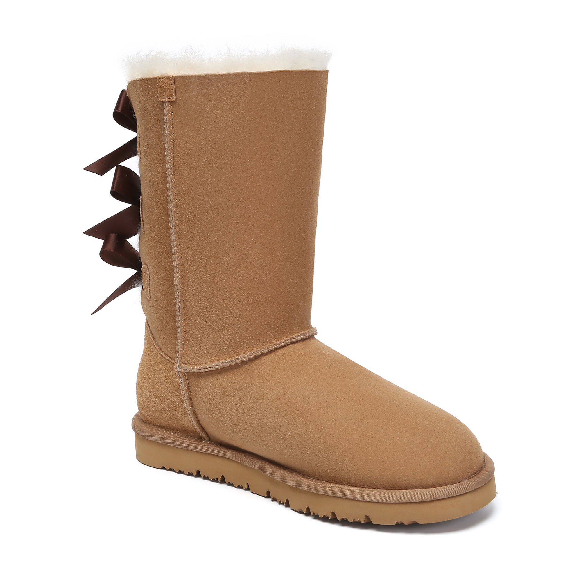 EverUgg premium tall back bow UGG boots for women, showcasing stylish design and soft leather uppers with decorative bows.