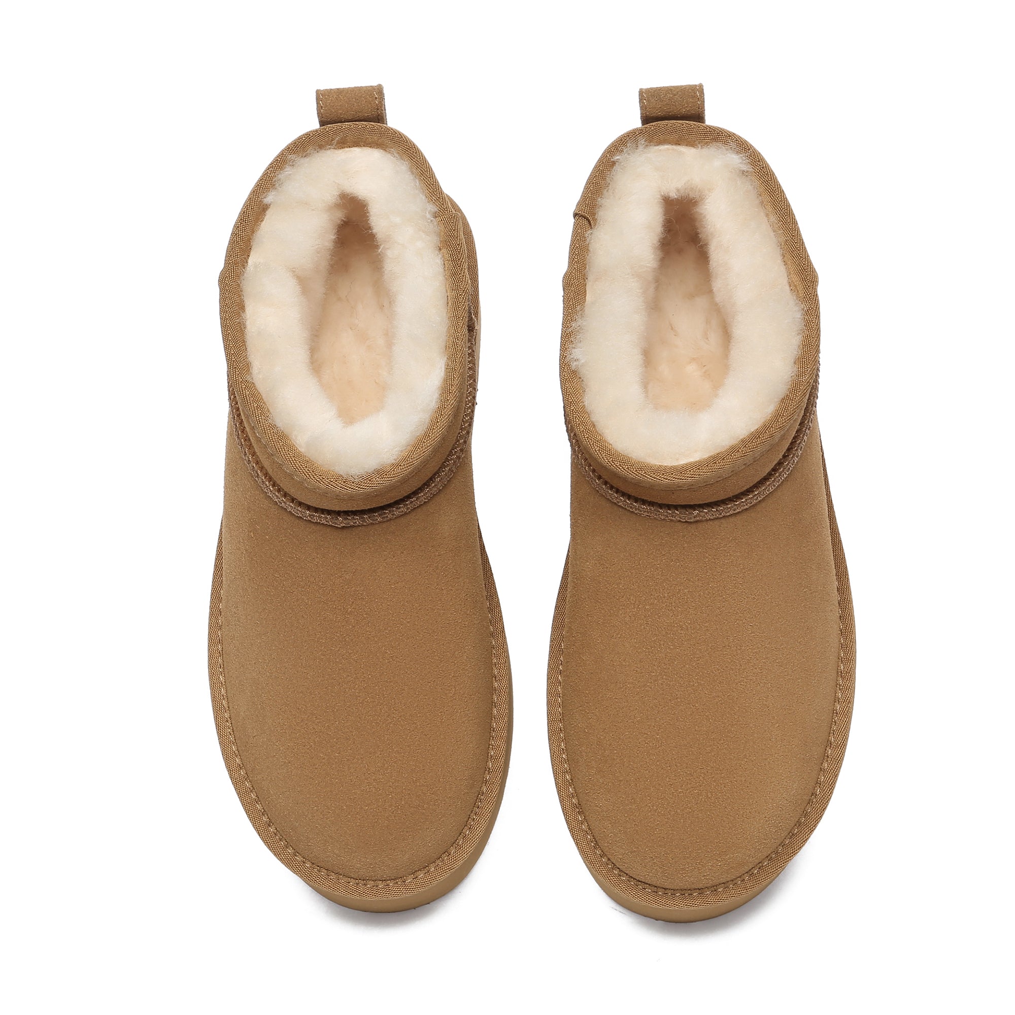 EverUgg premium ultra mini platform UGG boots in chestnut color, showcasing the cozy suede exterior and chunky heel design.