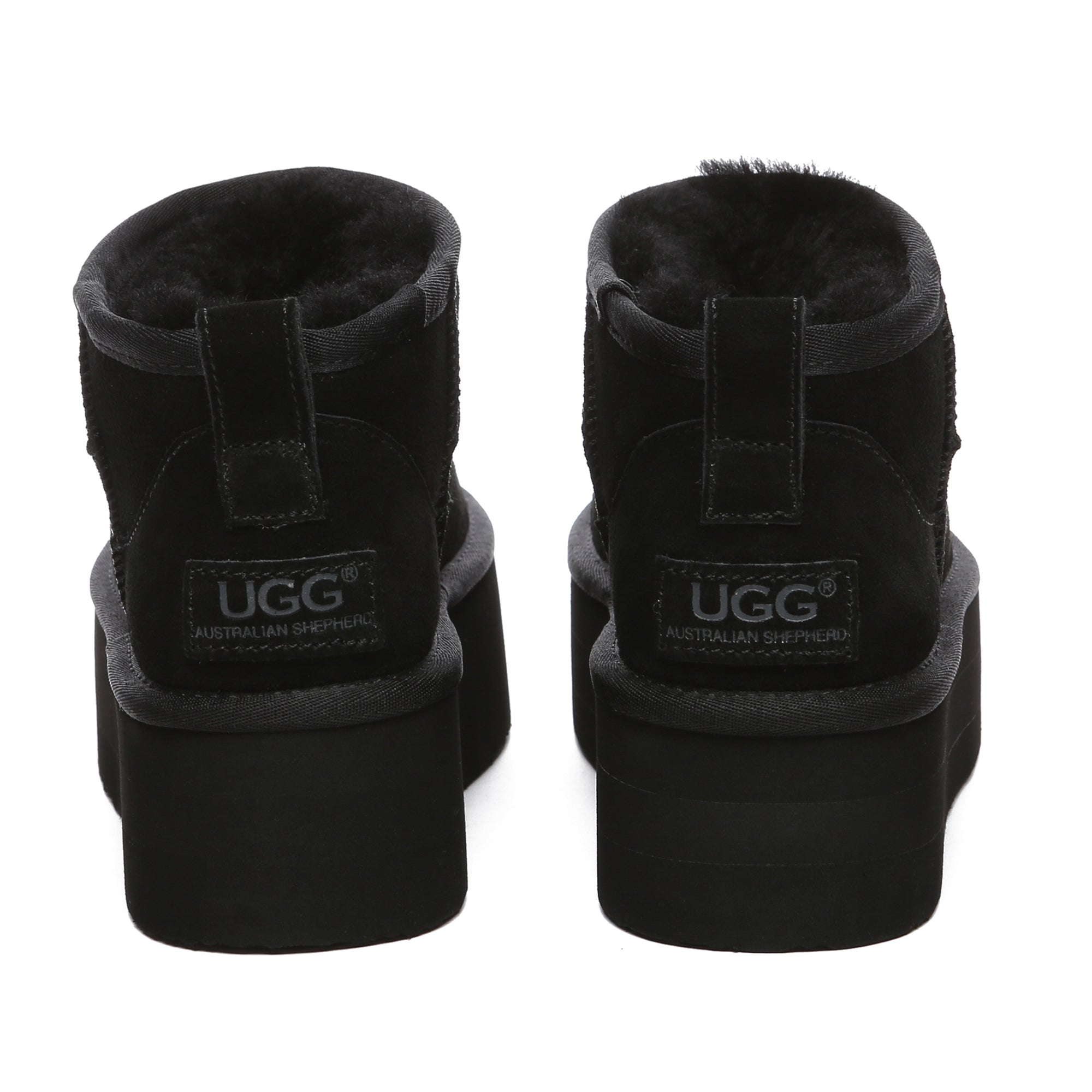 Black EverUgg Ultra Mini Platform UGG Boots with a sleek design and textured sole, perfect for stylish winter wear.