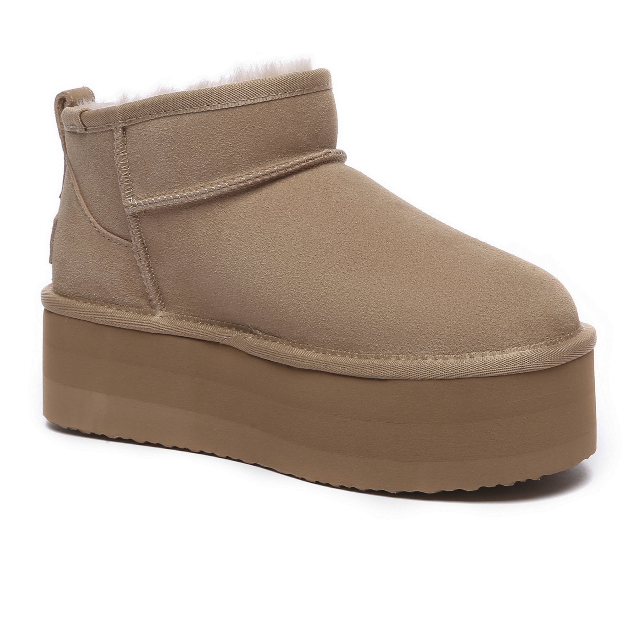 EverUgg Premium Ultra Mini Platform UGG Boots in sand color, showing a close-up of the stylish, cushioned ankle-high footwear.