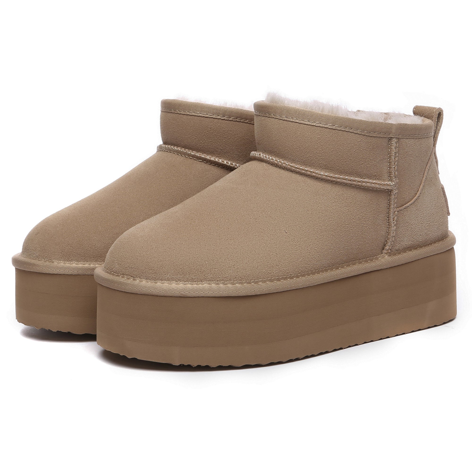 EverUgg Premium Ultra Mini Platform UGG Boots in sand color, showcasing the stylish, compact design with plush interior and rugged sole.