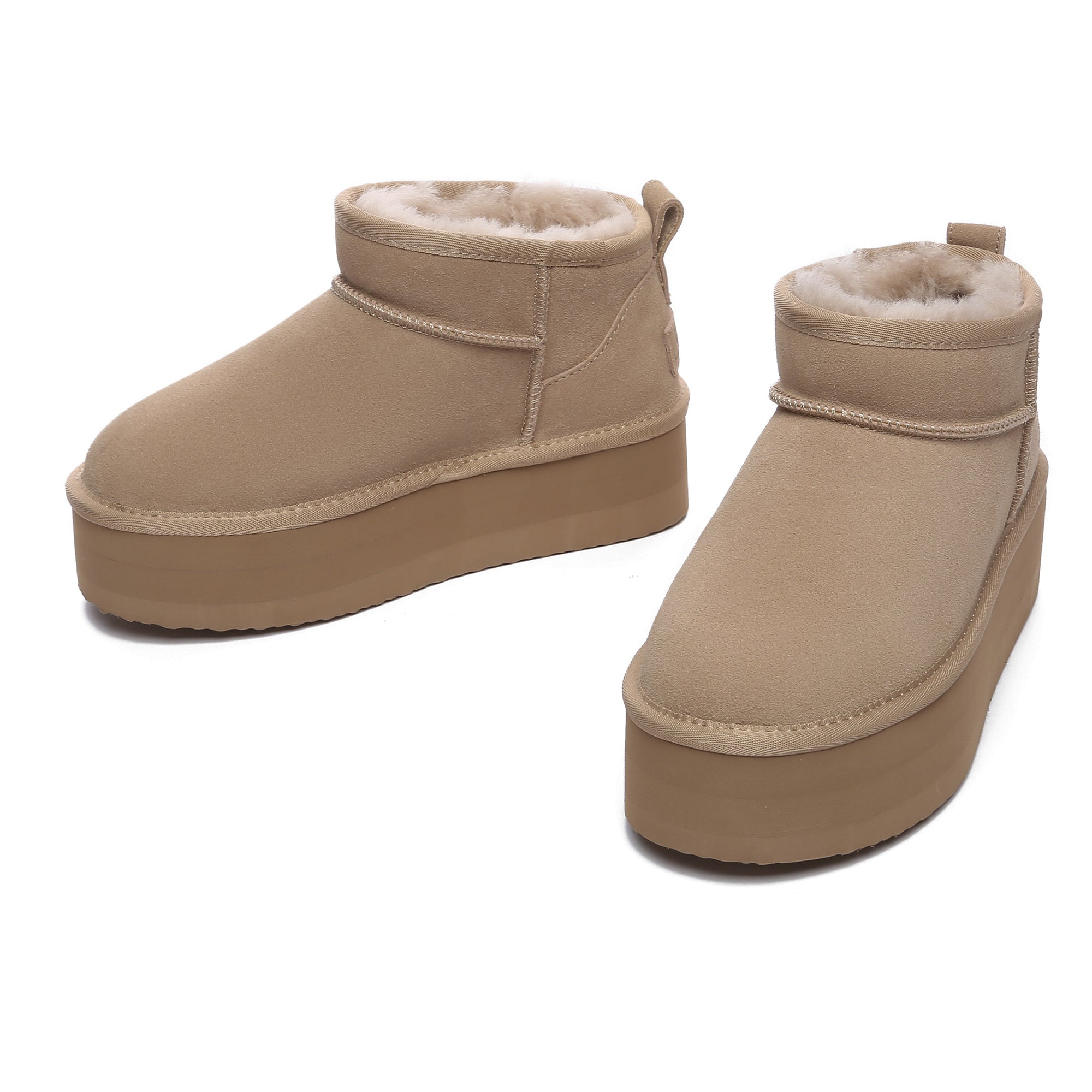 EverUgg premium ultra mini platform UGG boots in sand color, showcasing their compact design and textured sole.