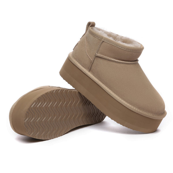 EverUgg Premium Ultra Mini Platform UGG Boots in sand color, showcasing cozy suede uppers and chunky sole design.