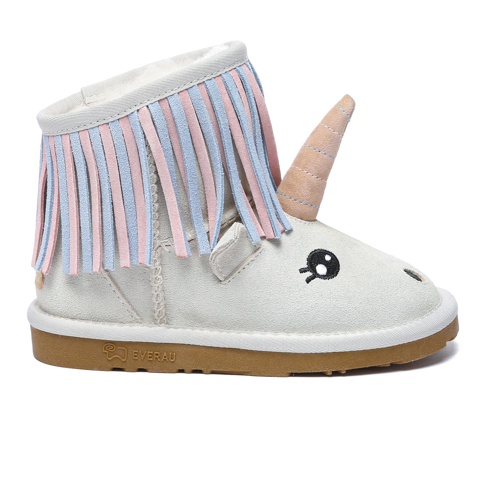 EverUgg premium unicorn kids sheepskin boots showing colorful unicorn design, soft sheepskin material, and cozy toddler footwear.