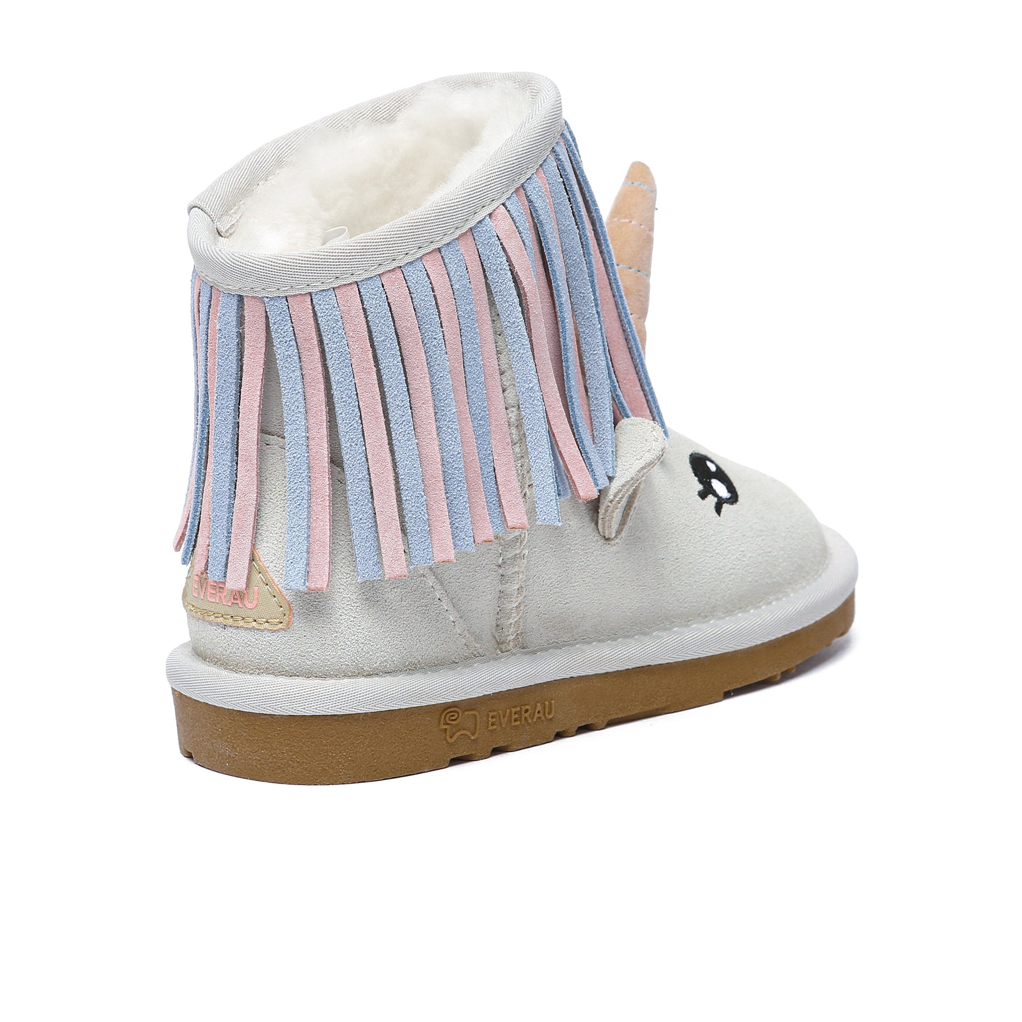 EverUgg premium unicorn-themed kids sheepskin boots with colorful unicorn design and soft suede material.