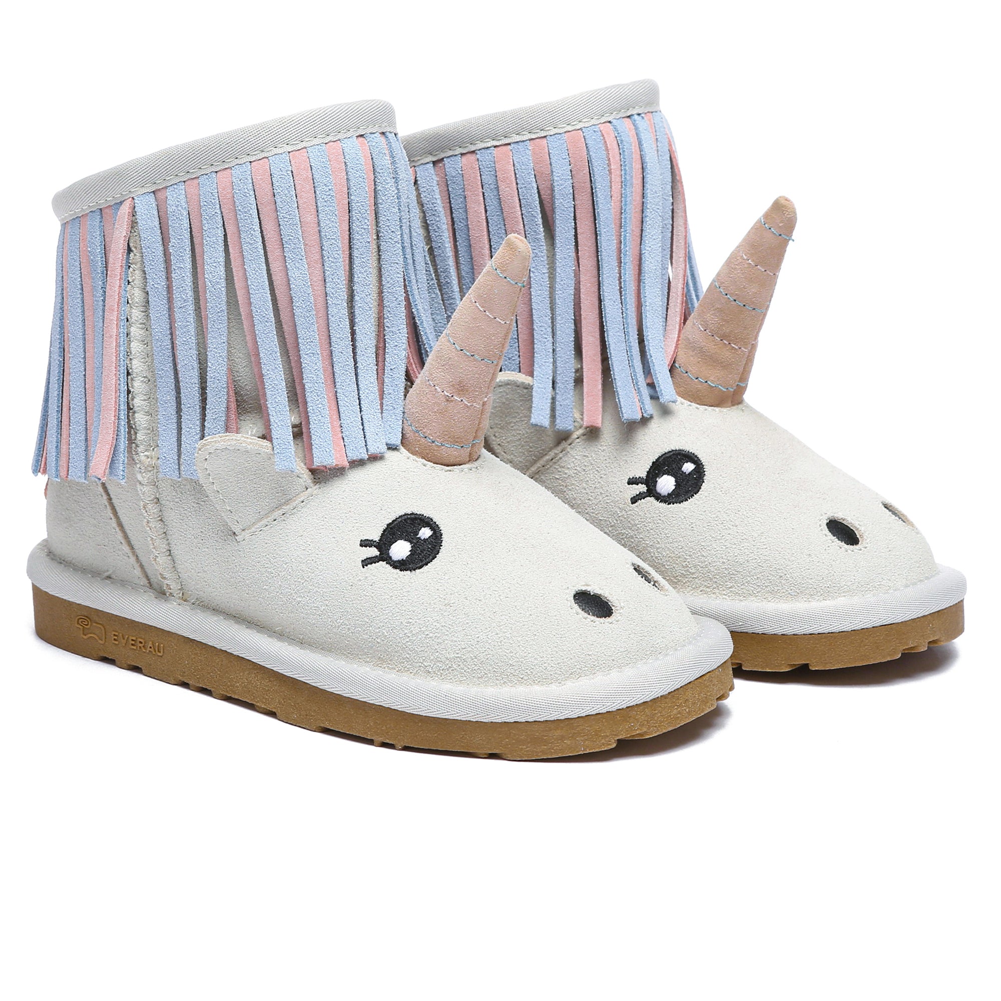 Kids' unicorn sheepskin boots by EverUgg, featuring colorful unicorn design and cozy sheepskin lining for toddlers and kids.