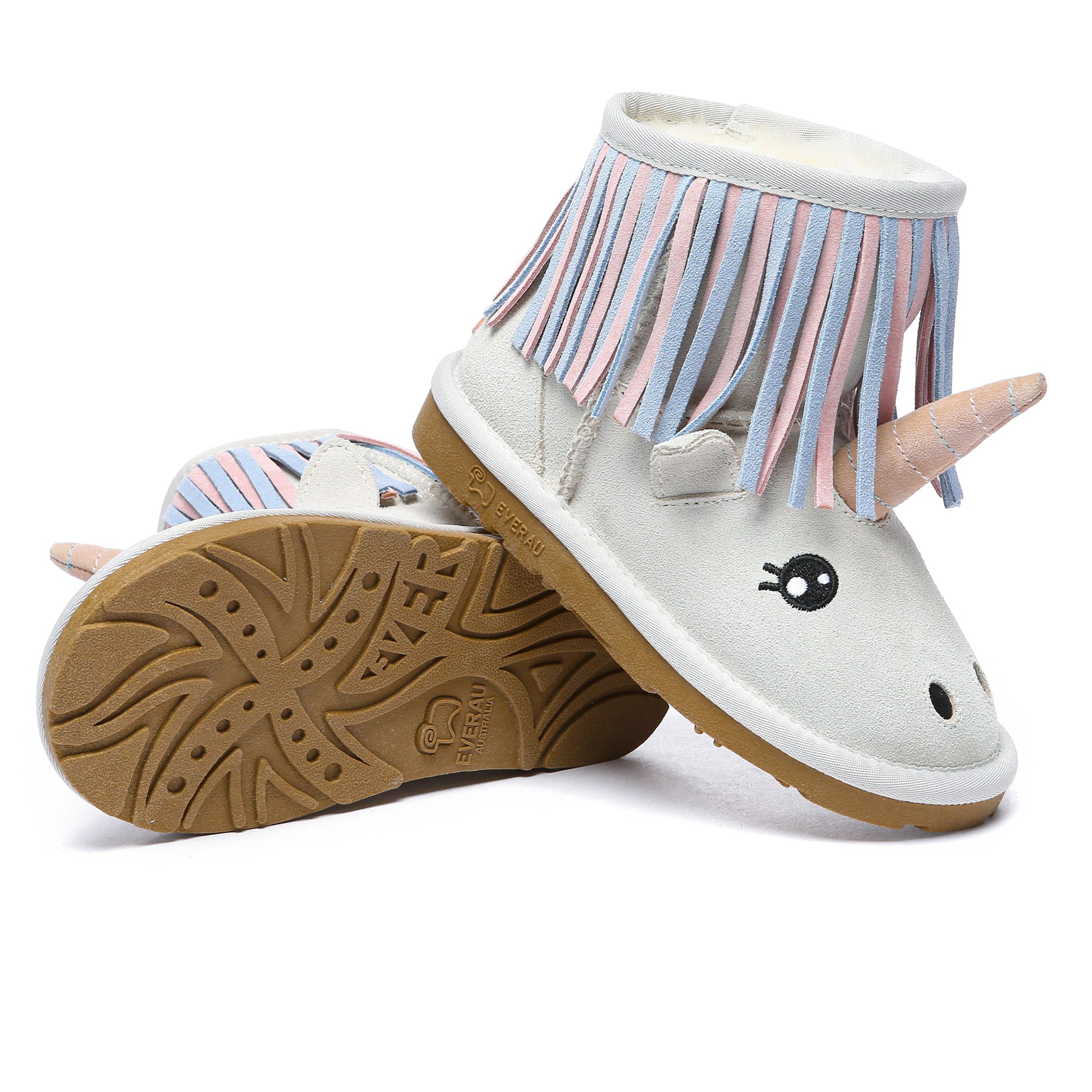 EverUgg Premium unicorn-themed kids' sheepskin boots with colorful unicorn design, soft sheepskin material, and comfortable fit.