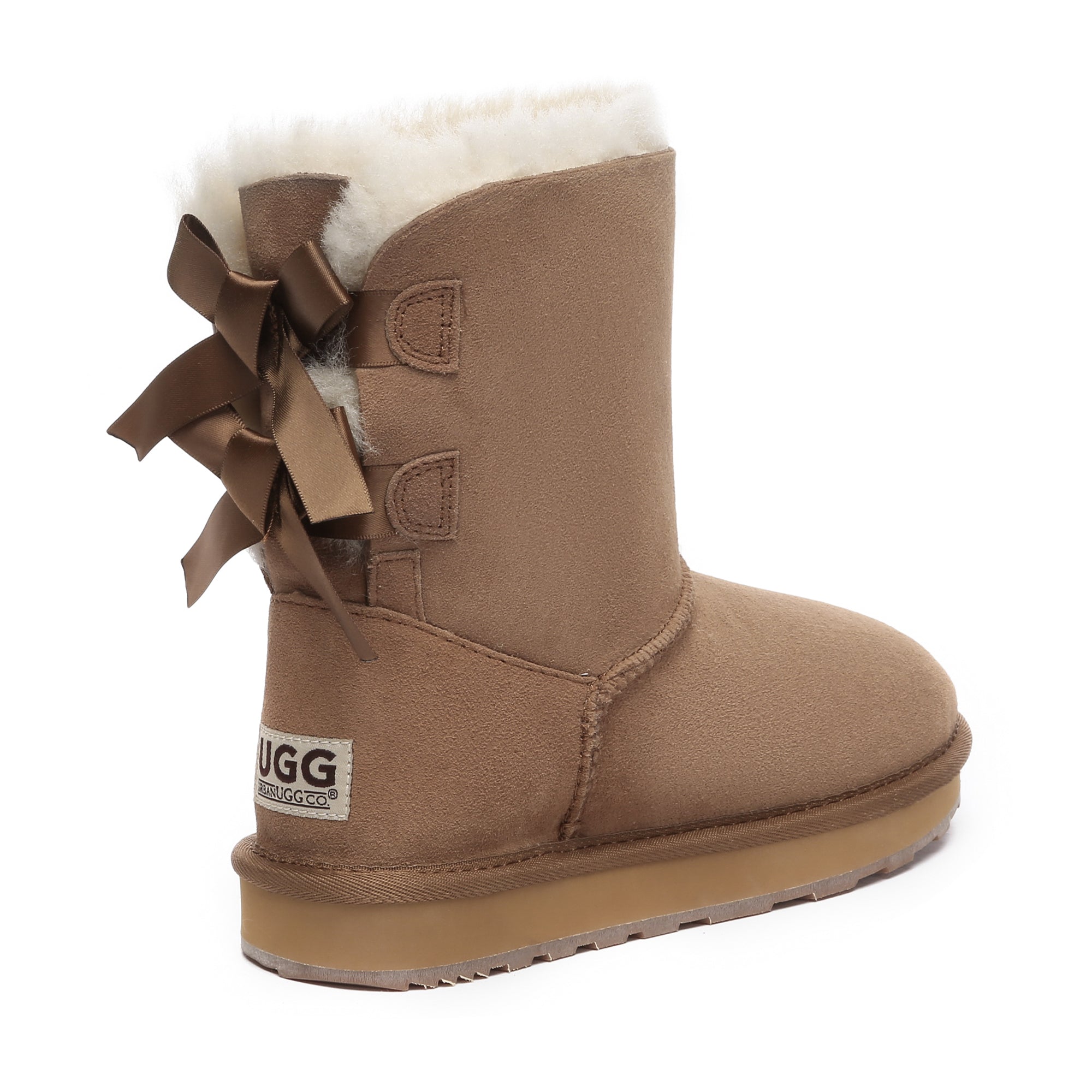 EverUgg Premium Urban Short Back Bow UGG Boots for women, showcasing stylish black leather shoes with back bow detail.