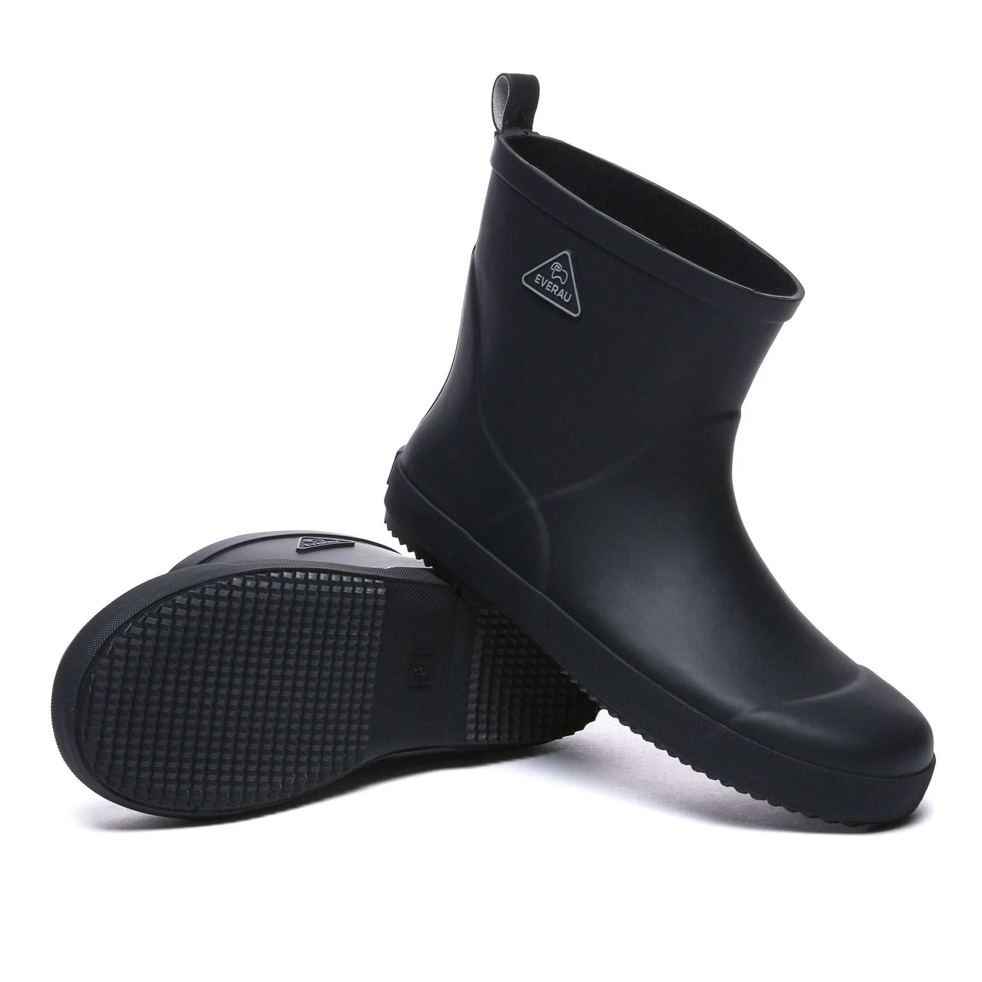 EverUgg waterproof mini gumboots rainboots in black with sturdy soles, ideal for wet weather and outdoor wear.