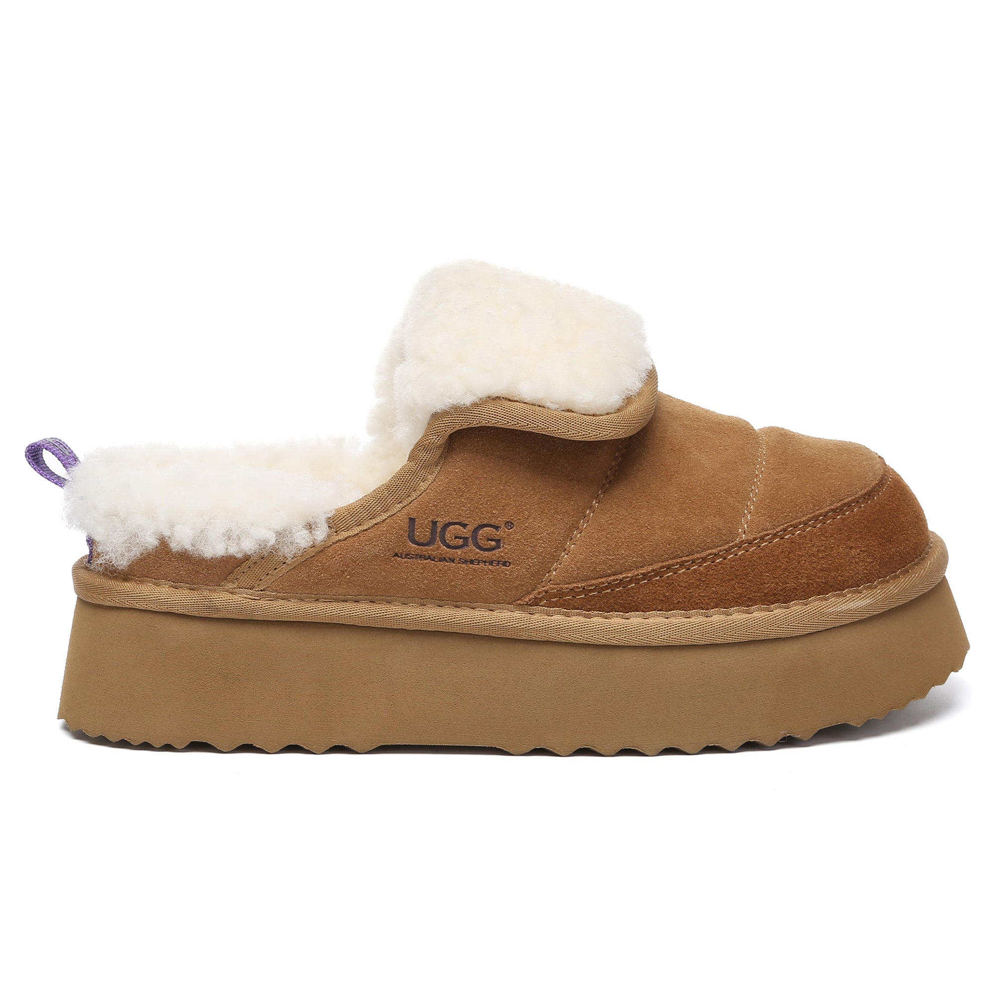 EverUgg Puffer Sheepskin Platform Slippers for women, cozy slip-on shoes with plush sheepskin and cushioned platform sole.