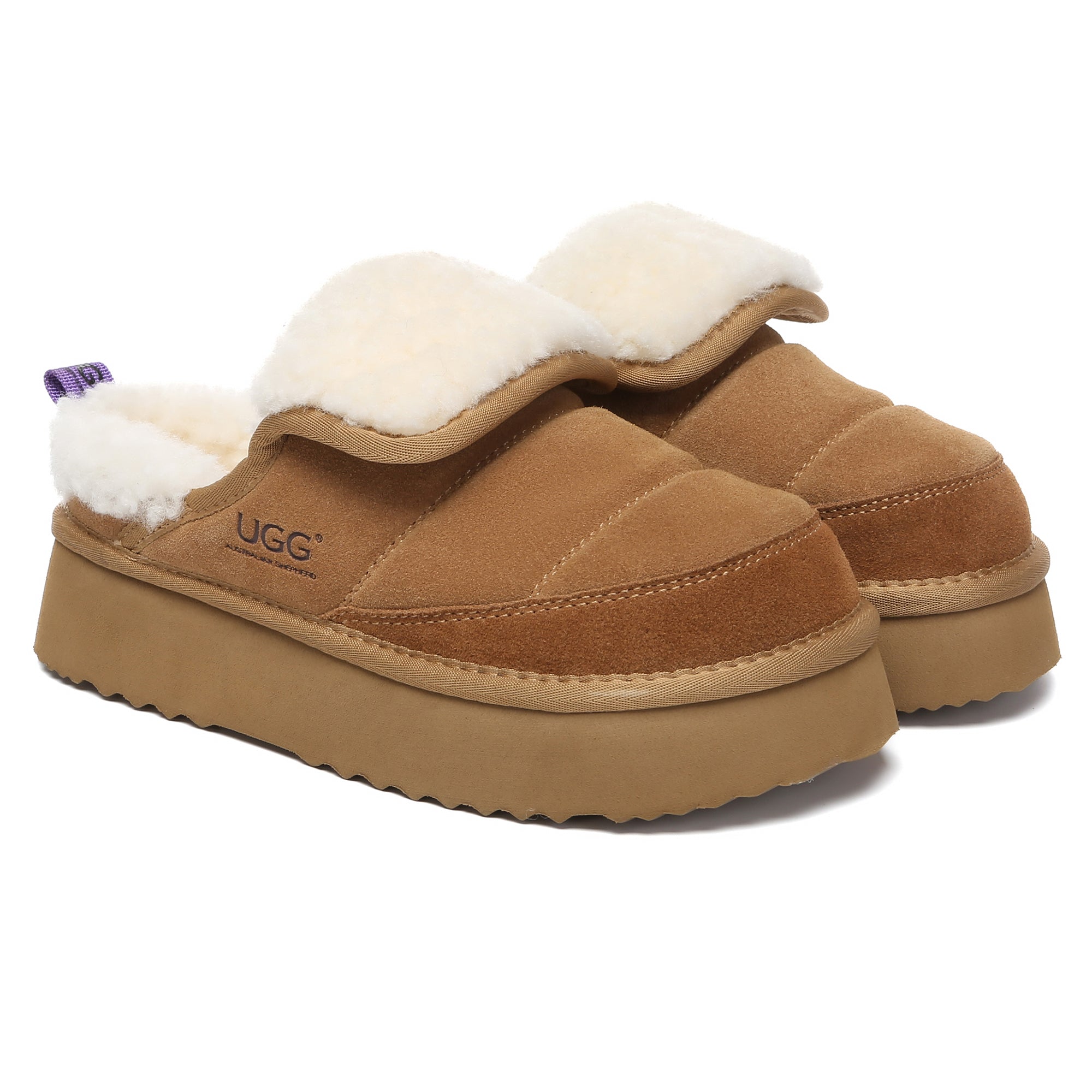 EverUgg Puffer Sheepskin Platform Slippers for women, cozy slip-on shoes with plush sheepskin and elevated platform sole.