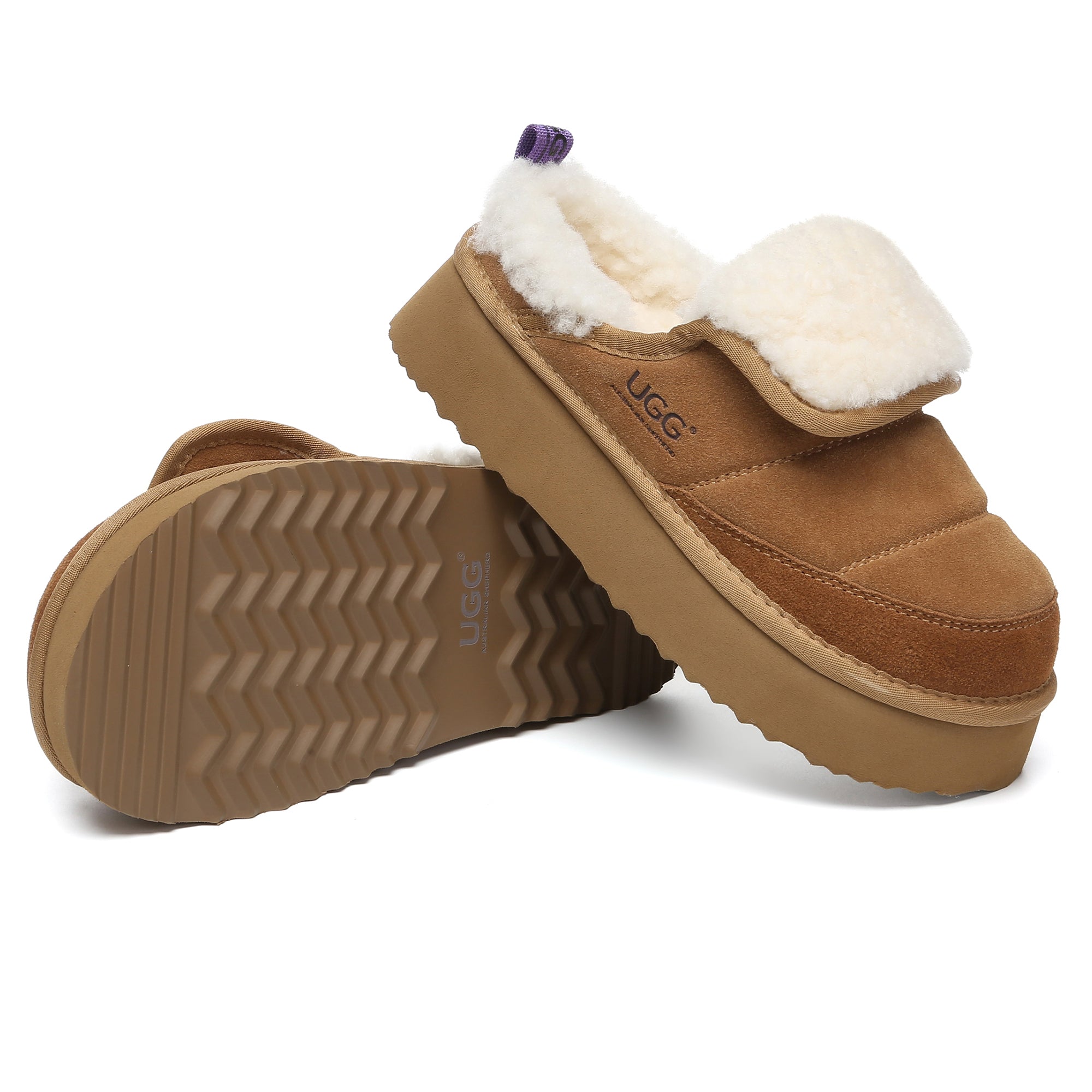 EverUgg puffer sheepskin platform slippers for women, cozy UGG slip-on shoes with plush lining and chunky sole.