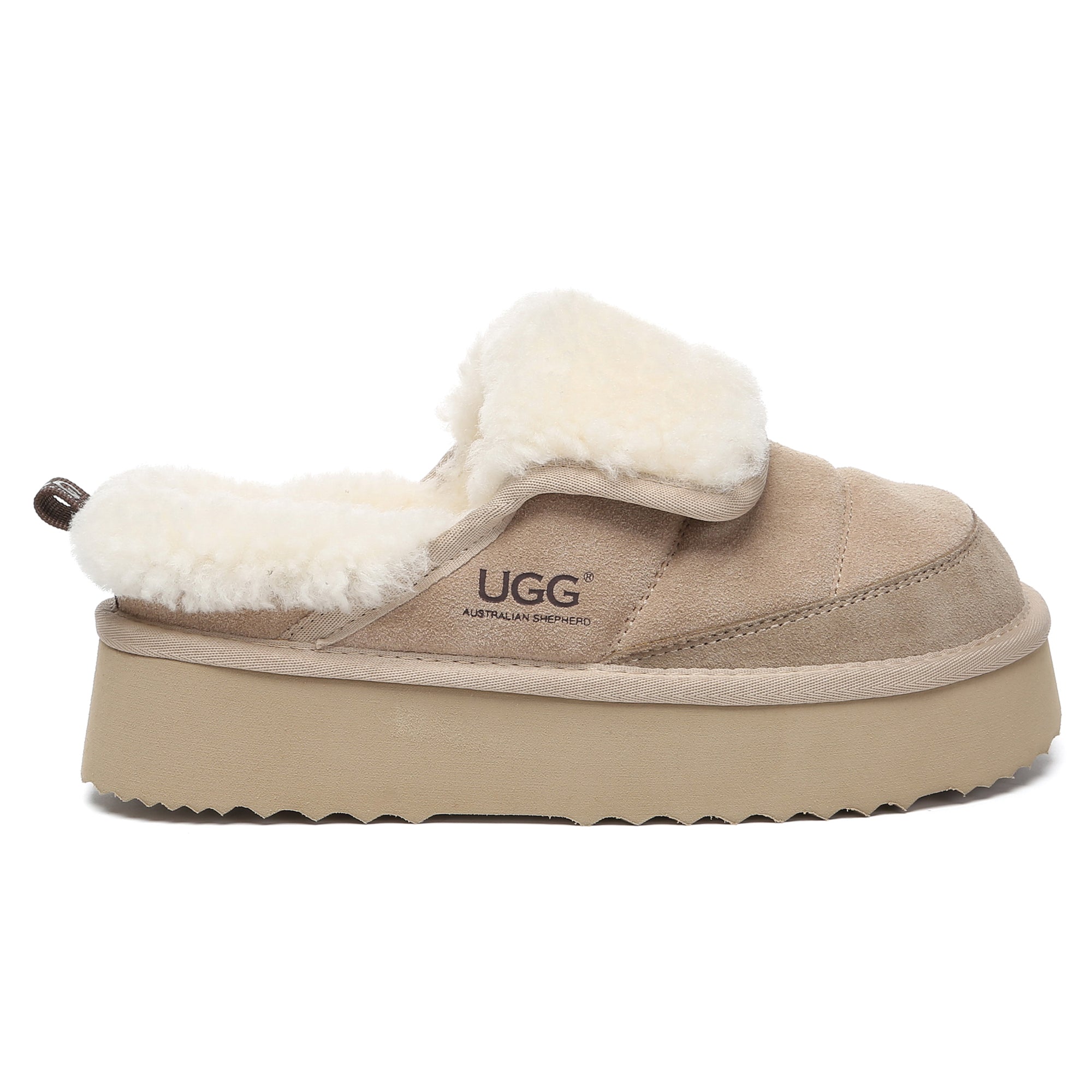 EverUgg Puffer Sheepskin Platform Slippers for women with plush sheepskin and thick platform sole, cozy and stylish footwear.